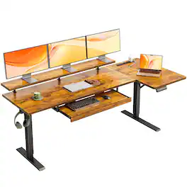 AODK - Reversible L-Shaped Electric Standing Desk with Drawers, Power Outlets, Keyboard Tray & Monitor Stand - Brown