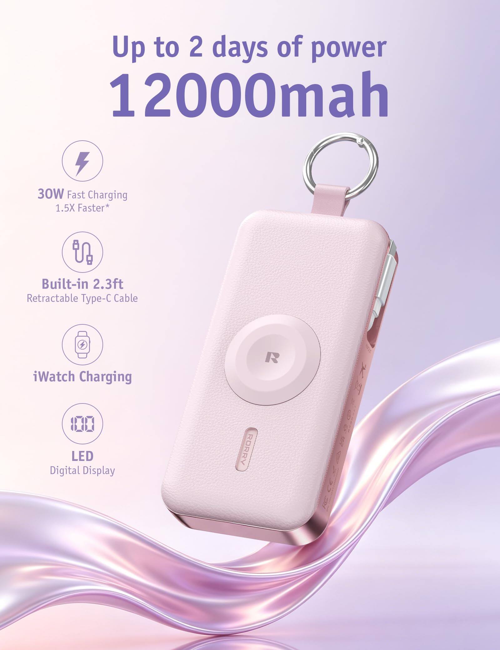 Up to 2 days of power  
12000mah  

30W Fast Charging  
1.5X Faster*  

Built-in 2.3ft Retractable Type-C Cable  

iWatch Charging  

LED Digital Display  

RORRY  
2019