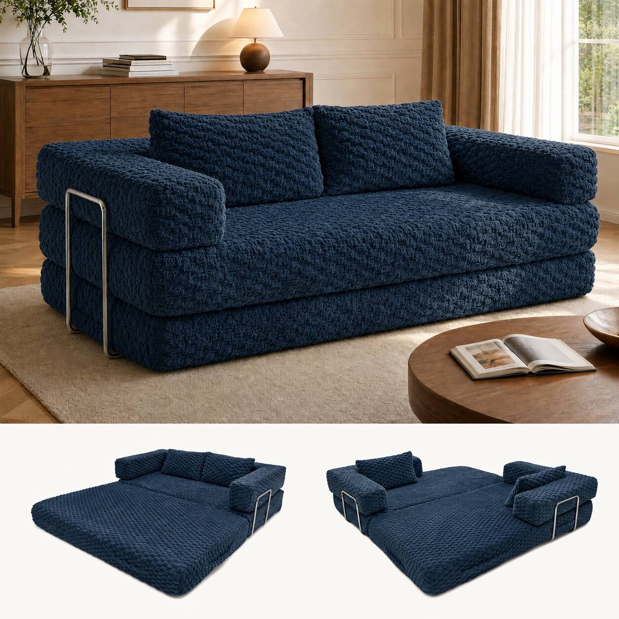 Alt View 7. Famapy - Convertible Folding Sofa Bed Couch 2-in-1 Loveseat with Plush Fabric Detachable Metal Support Brackets for Living Room - Navy Blue.