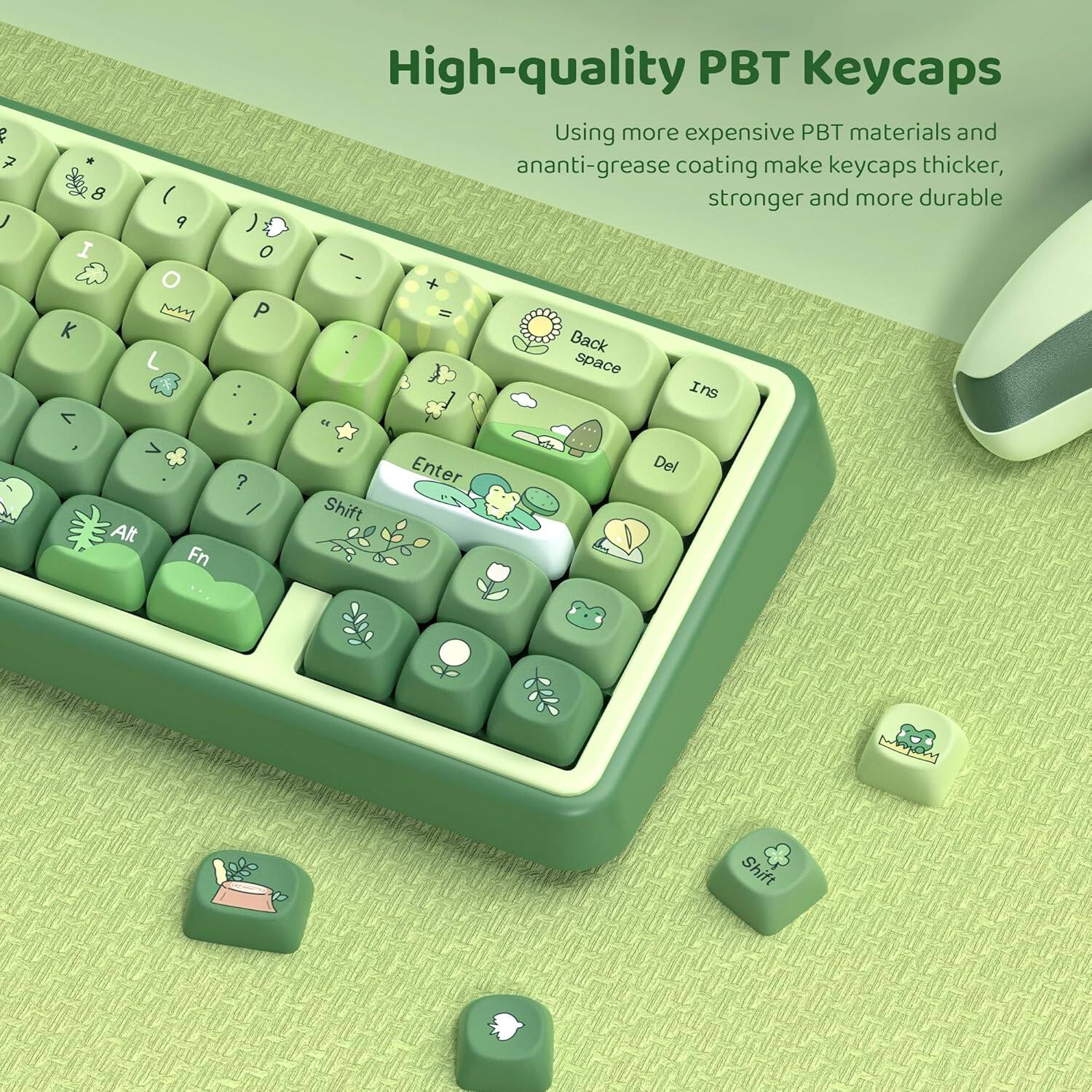 High-quality PBT Keycaps

Using more expensive PBT materials and anti-grease coating make keycaps thicker, stronger and more durable

Back space Ins Enter Del Shift nothinn Shift