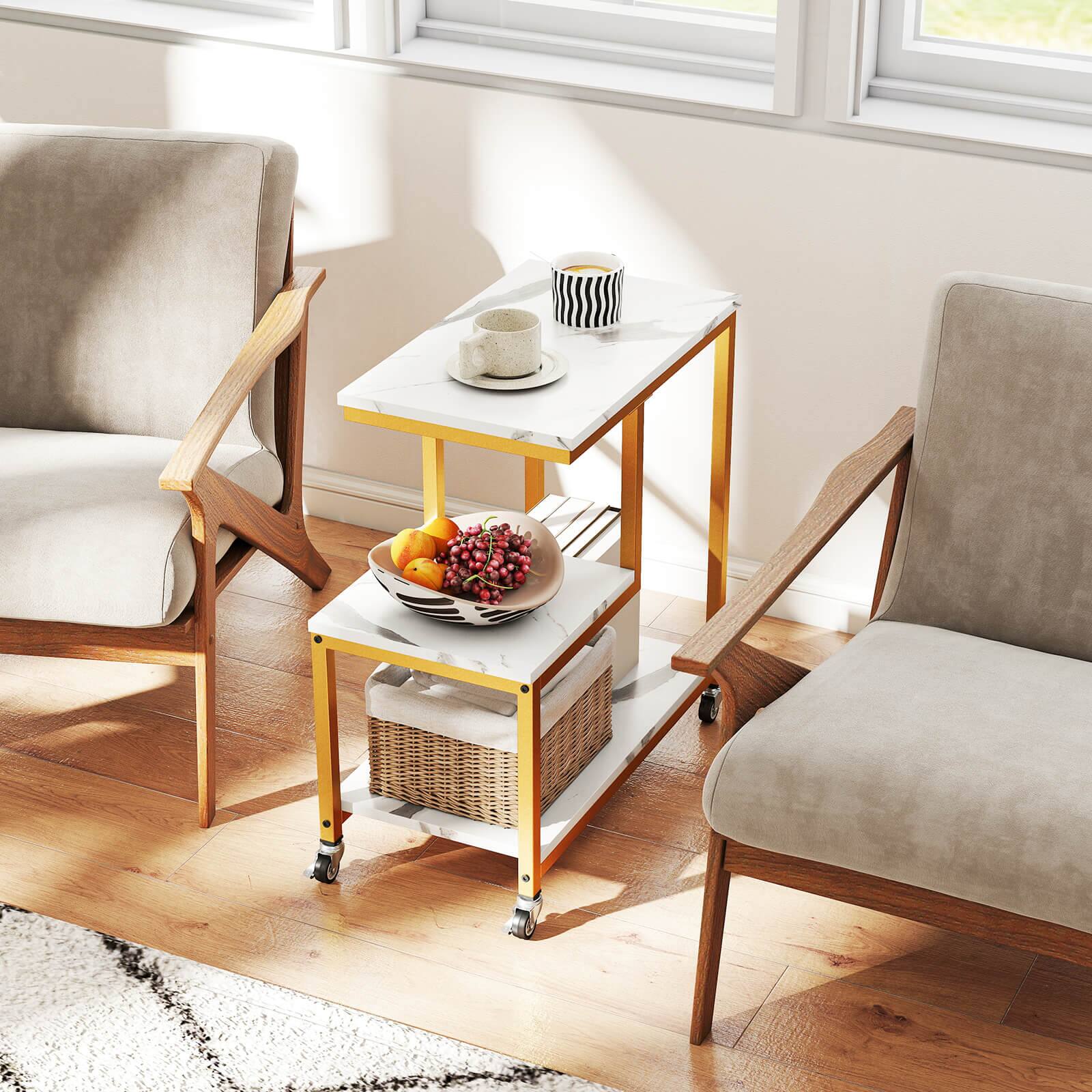 Alt View 4. Costway - Costway 1 PCS Modern G-Shaped End Table with Storage Shelves & Lockable Casters for Living Room White - White + Gold.