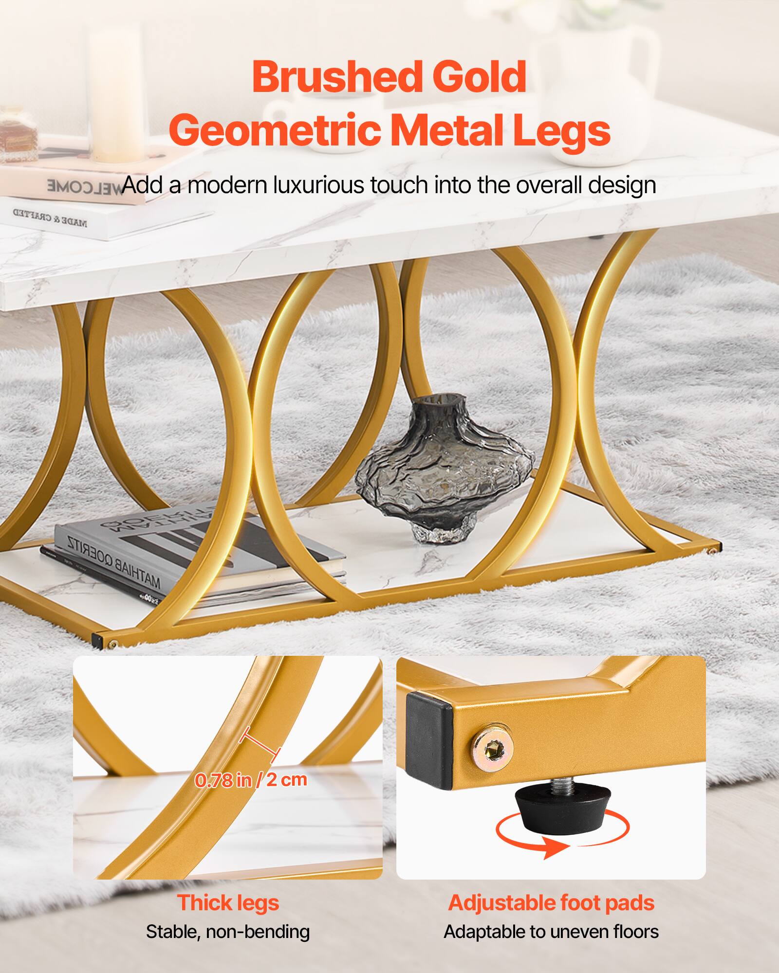 Brushed Gold Geometric Metal Legs

Add a modern luxurious touch into the overall design

- 0.78 in / 2 cm Thick legs
- Stable, non-bending
- Adjustable foot pads
- Adaptable to uneven floors