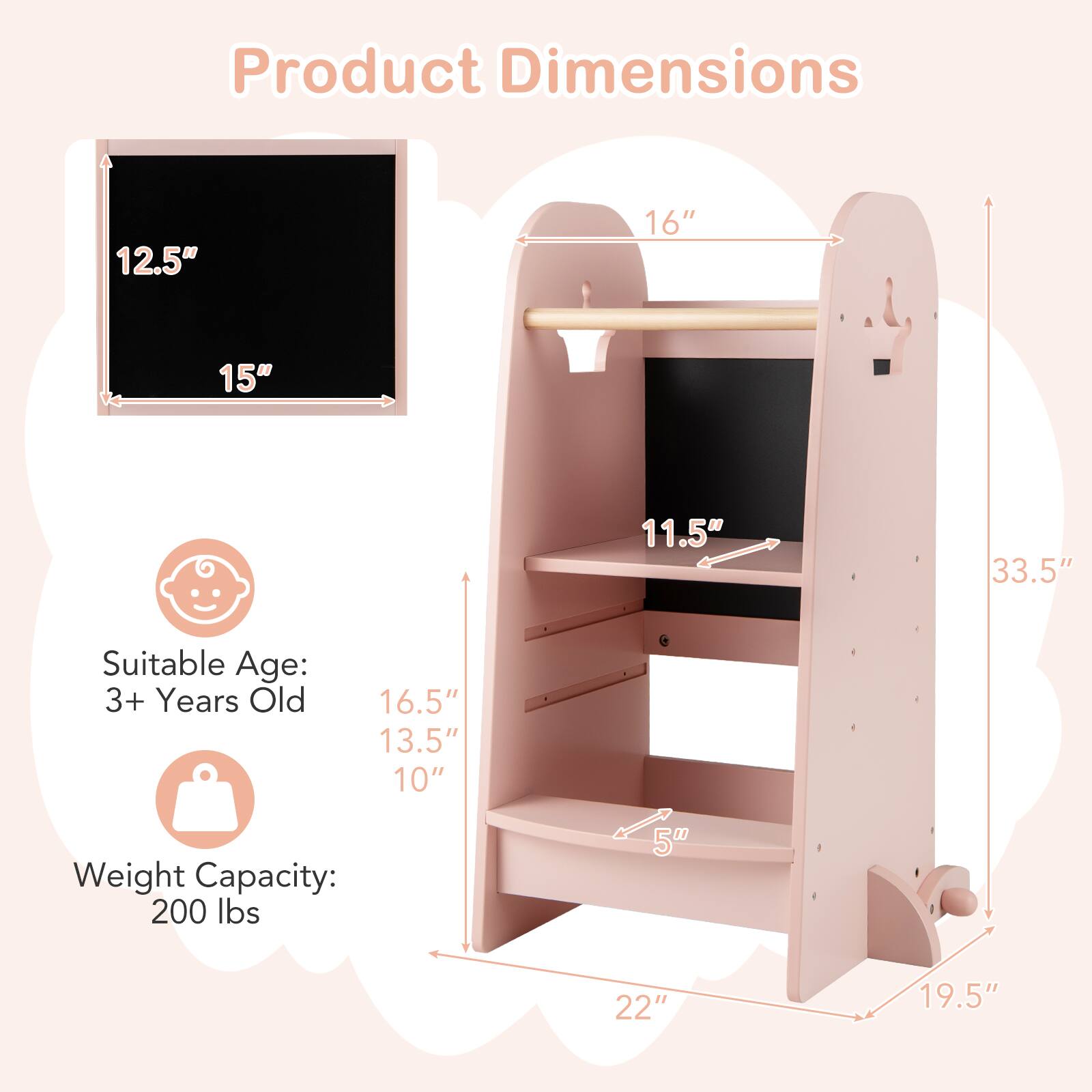 Product Dimensions: 12.5" x 16" x 15" x 11.5" x 33.5" x 16.5" x 13.5" x 10" x 5" x 22" x 19.5"

Suitable Age: 3+ Years Old

Weight Capacity: 200 lbs