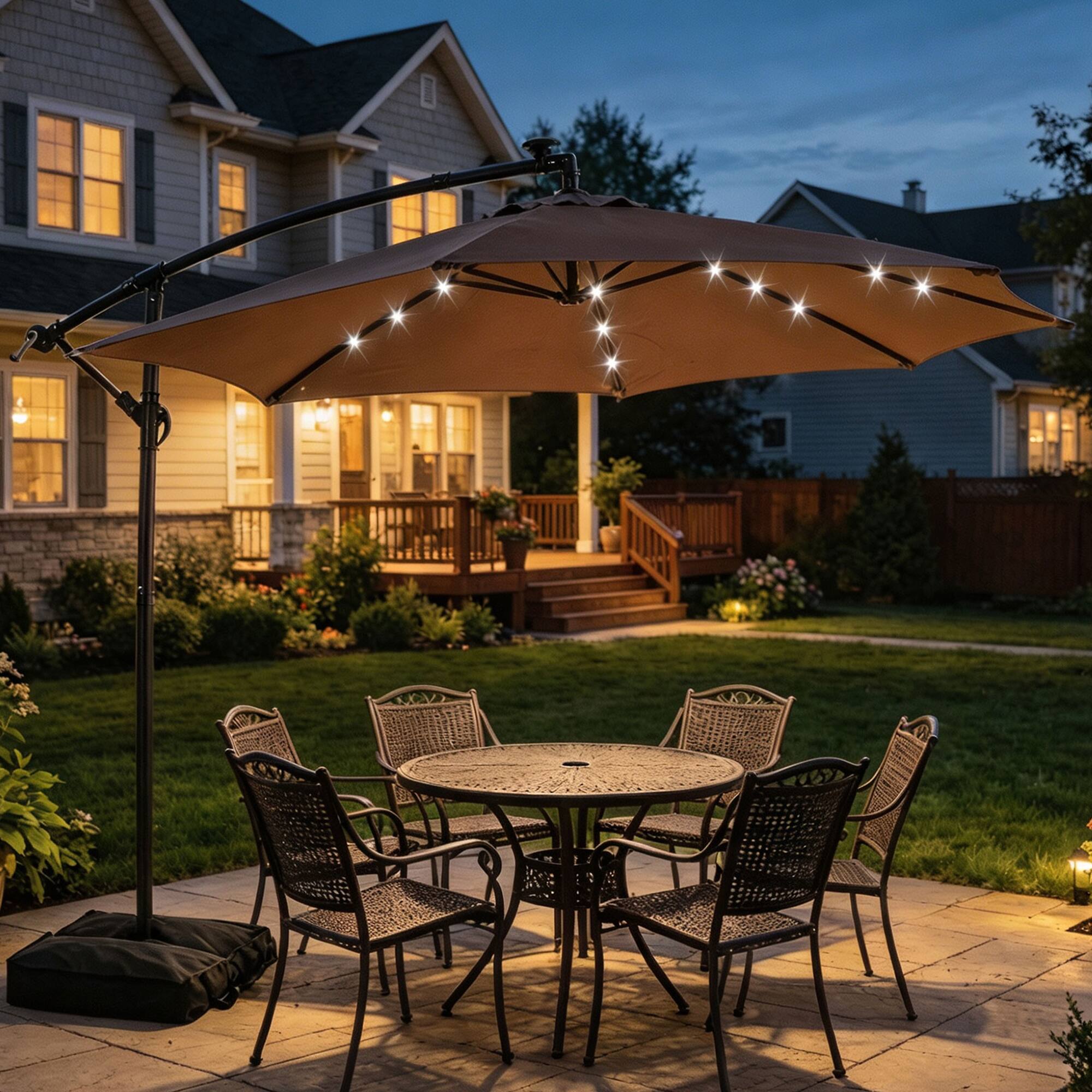 Angle. Ainfox - Ainfox 10FT Outdoor Patio Cantilever Umbrella Hanging Offset with Cross Base  Sand Bags & 24 LED Solar Lights - Coffee.