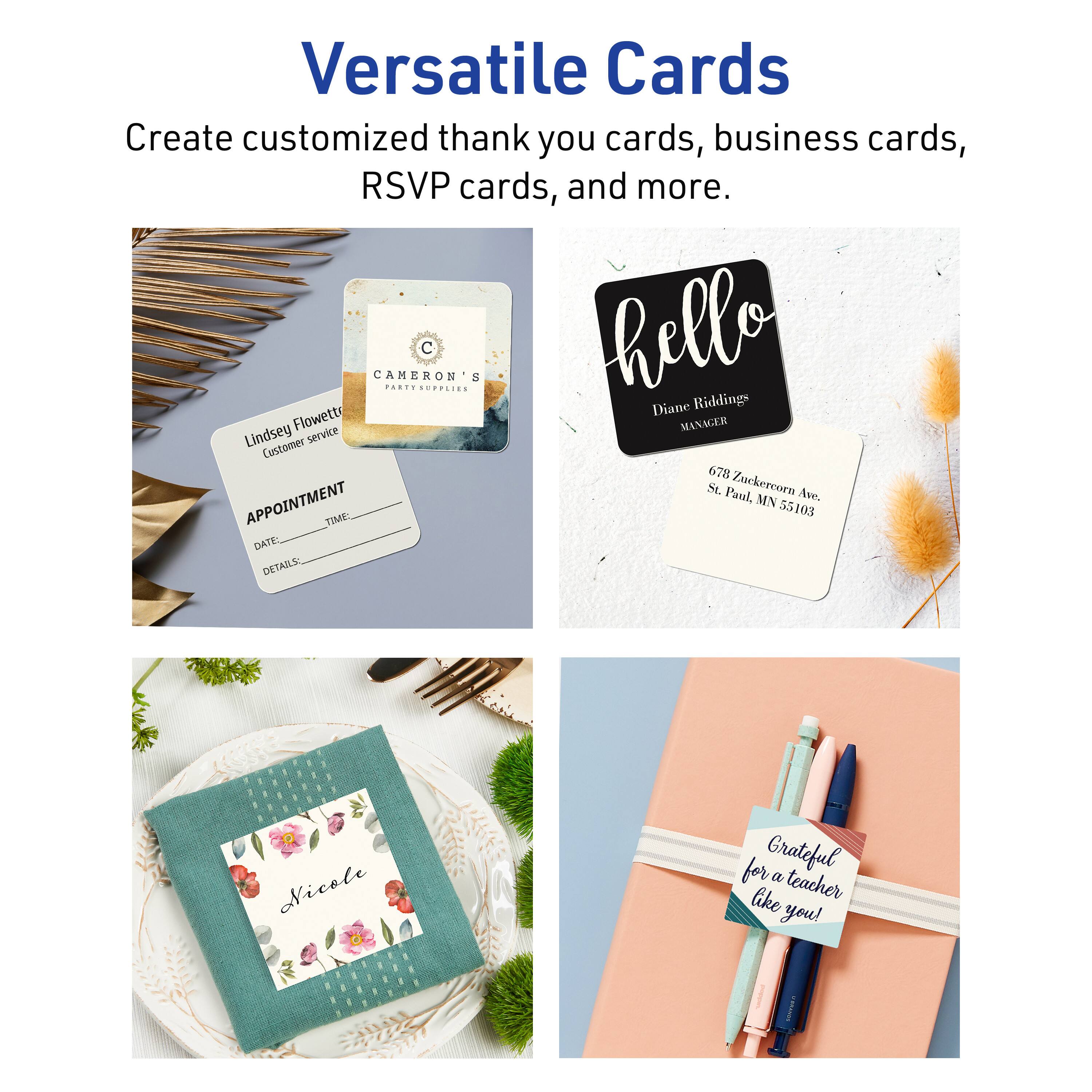 Versatile Cards

Create customized thank you cards, business cards, RSVP cards, and more.

CAMERON'S PARTY SUPPLIES

Lindsey Flowett  
Customer service

APPOINTMENT  
DATE: _______  
TIME: _______  
DETAILS: _______

hello  
Diane Riddings  
MANAGER  
678 Zuckerbrow Ave.  
St. Paul, MN 55103

Nicole

Grateful for a teacher like you!
