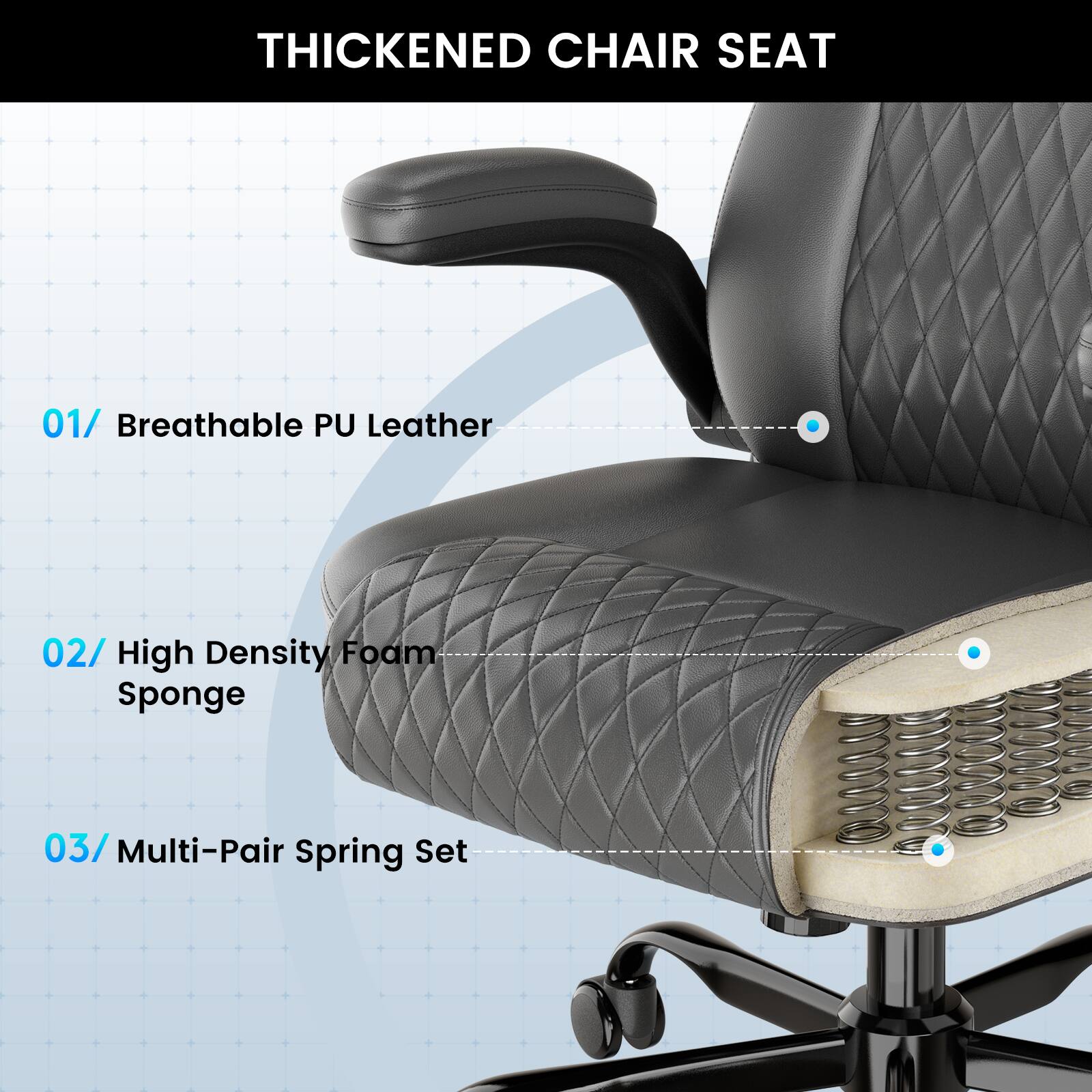 THICKENED CHAIR SEAT

01/ Breathable PU Leather

02/ High Density Foam Sponge

03/ Multi-Pair Spring Set