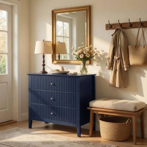 Front. LUCKY ONE - 32" Assembled Wide Fluted Nightstand 3-Drawer Gold Knobs - Blue.