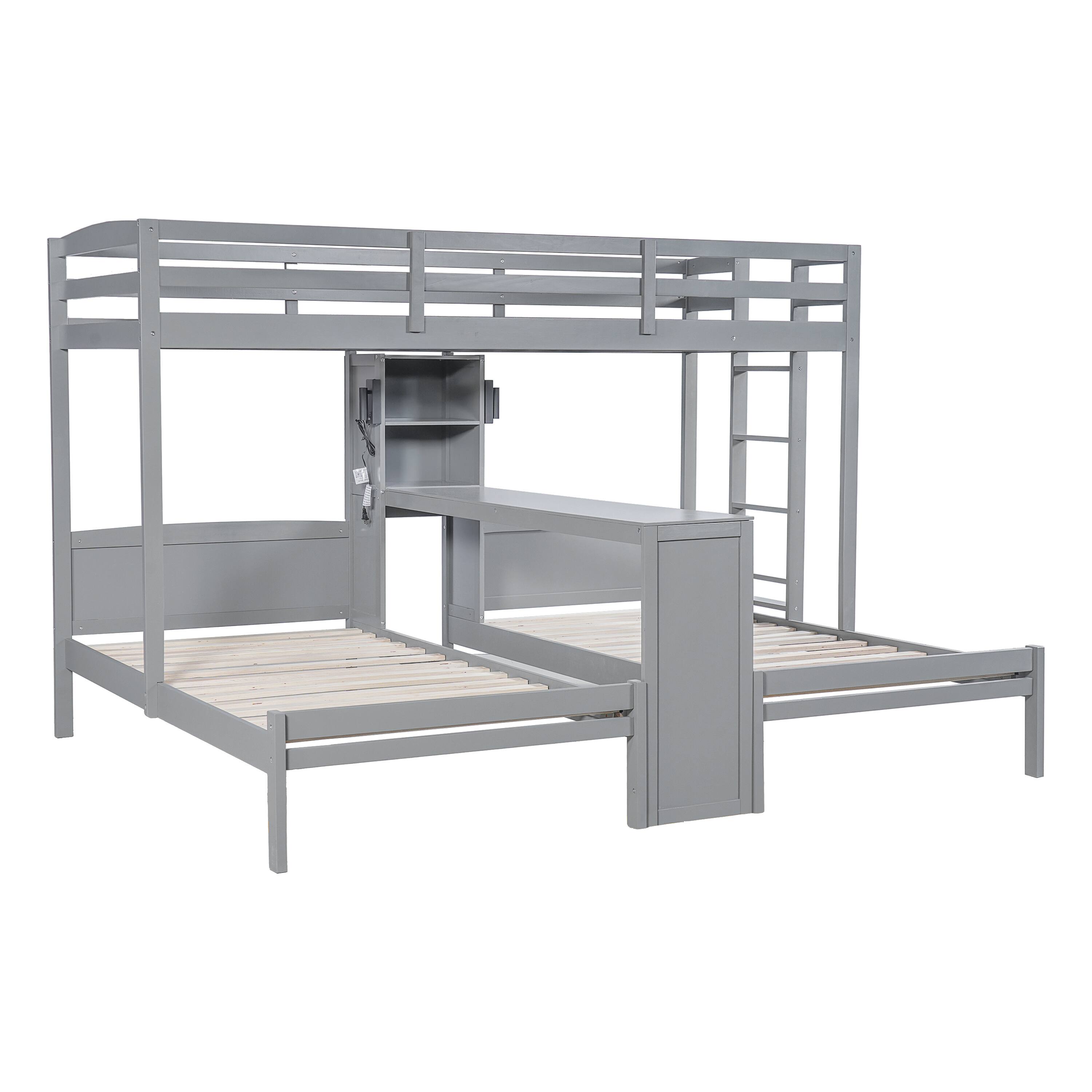 Angle. Whisen - Twin over Twin over Twin Bunk Bed with Built-in Desk, Storage Shelves and LED Reading Lamp - Gray.