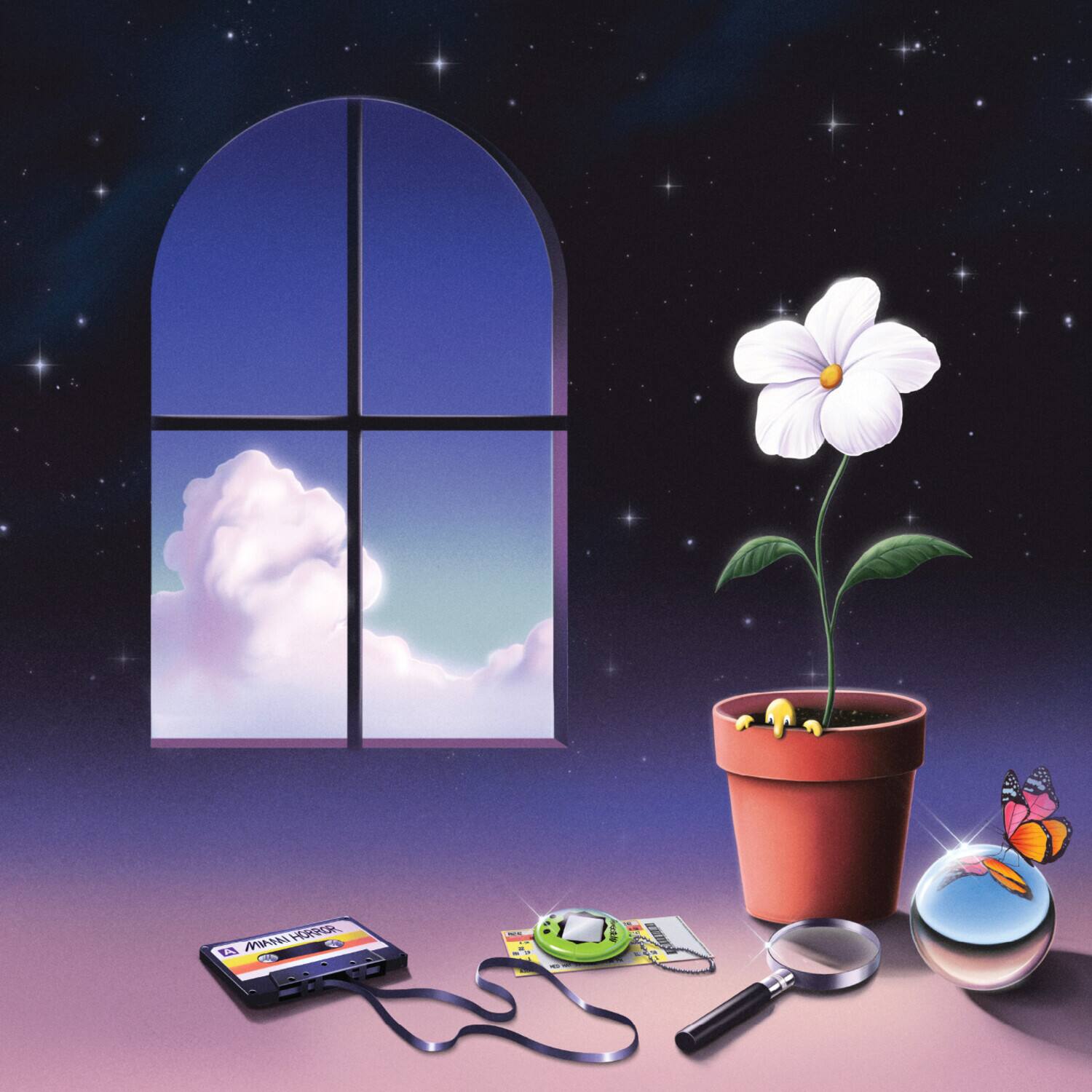A white flower in a pot with a butterfly and a magnifying glass, a game cartridge, and a CD.