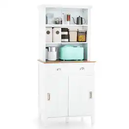 Costway - Freestanding Kitchen Pantry Storage Cabinet Buffet w/Hutch Sliding Door & Drawer - White