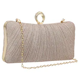 Unique Bargains - Sparkly Evening Clutch Purse for Women, Vintage Ring Rhinestone Buckle Clasp Handbag for Bridal Wedding 1920s Party - Champagne