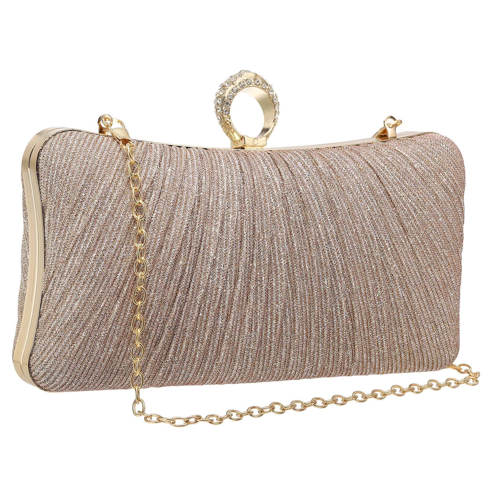 Front. Unique Bargains - Sparkly Evening Clutch Purse for Women, Vintage Ring Rhinestone Buckle Clasp Handbag for Bridal Wedding 1920s Party - Champagne.