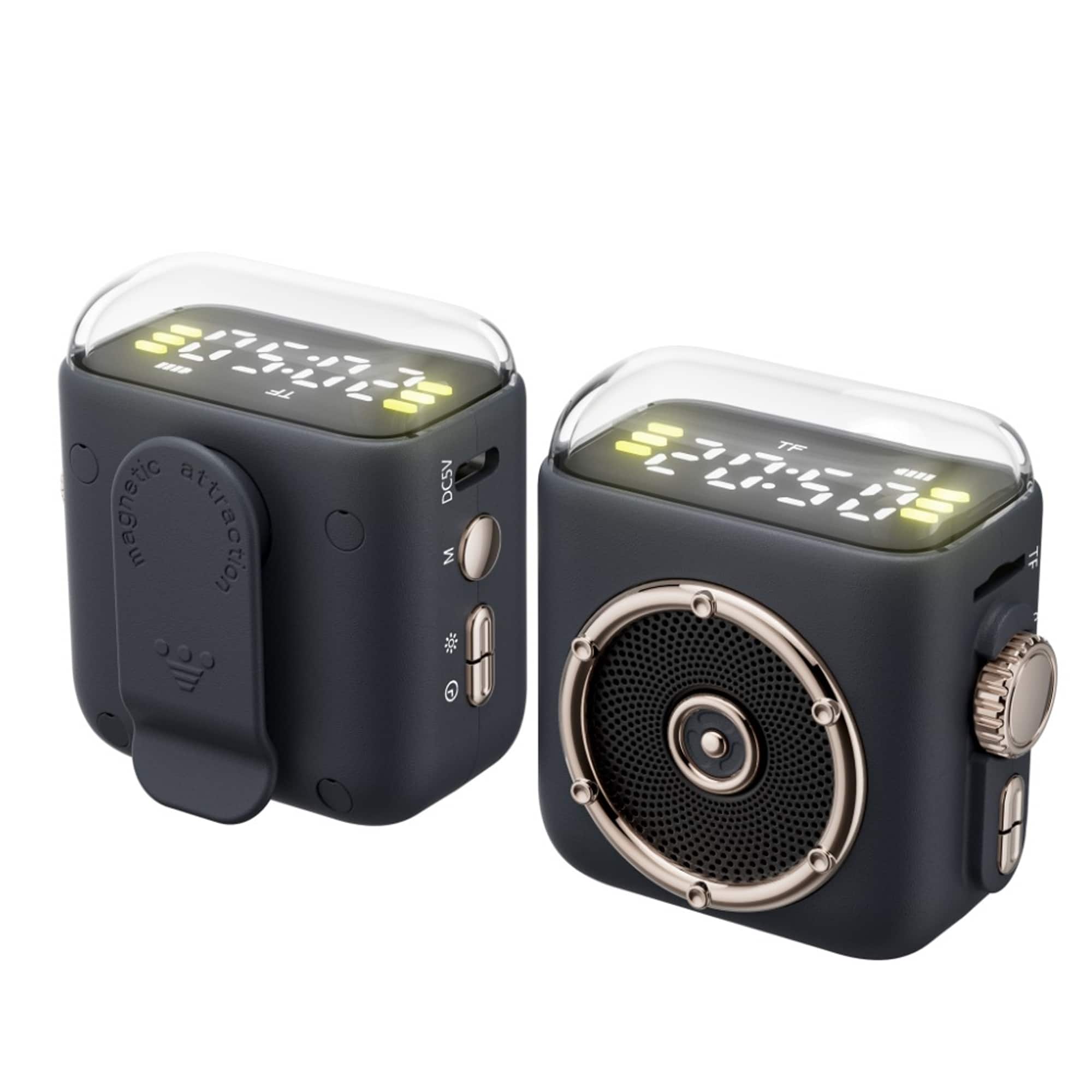 YONWAY - Mini Wireless Bluetooth Speaker, Portable Speaker with Magnetic Back Clip and Time Display for Study Room, Party