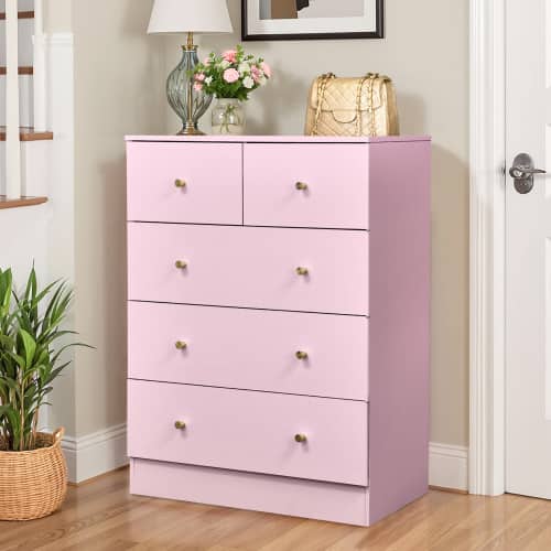 Winado - Modern Wood 5 Drawer Dresser Chest of Drawer Nightstand Anti-Tipping Device Metal Handle for Bedroom Living Room Hallway - Pink