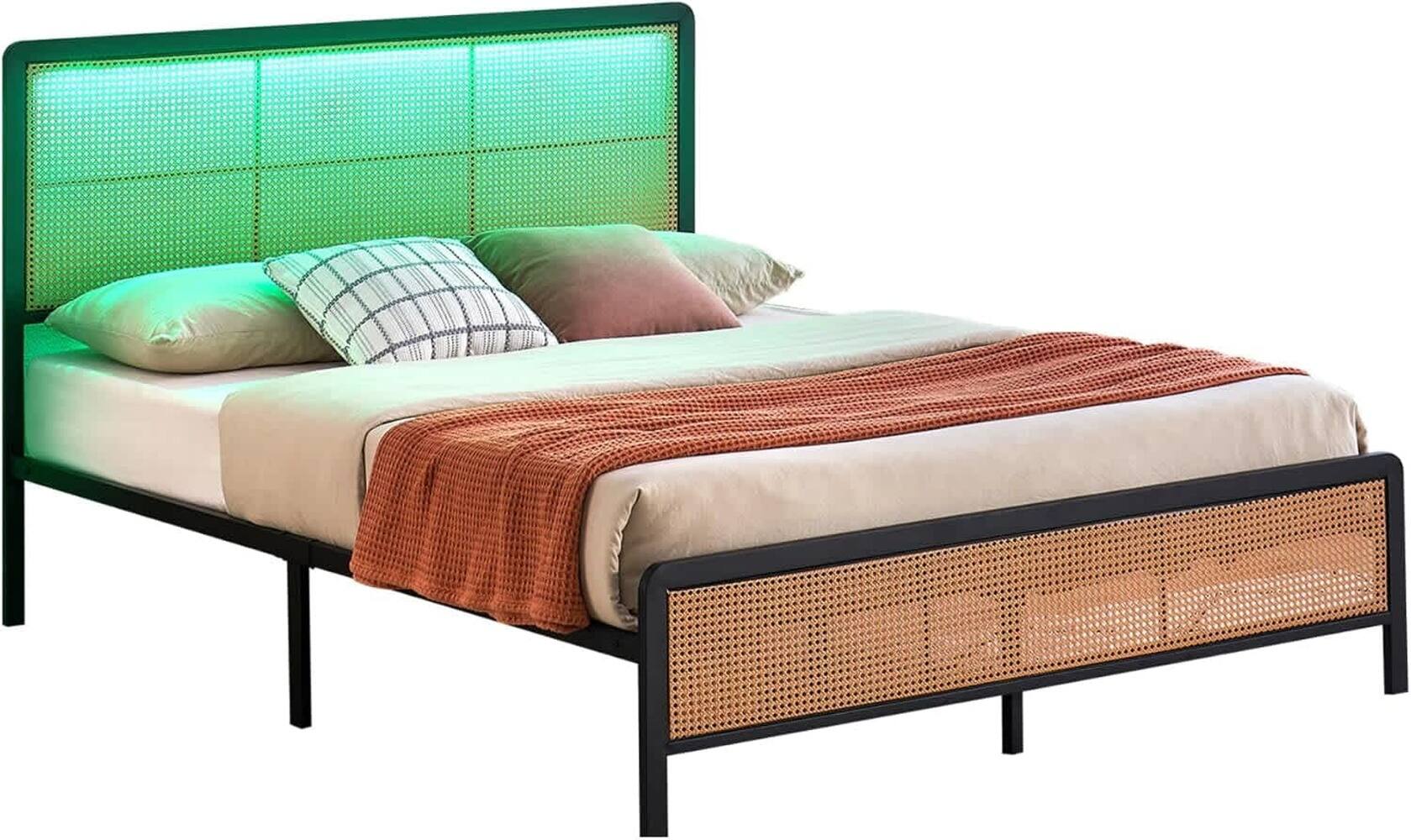 Acekool - Easy Assembly Rattan Full Size Bed Frame Space Saving, for Living Room, Guest Room - Black