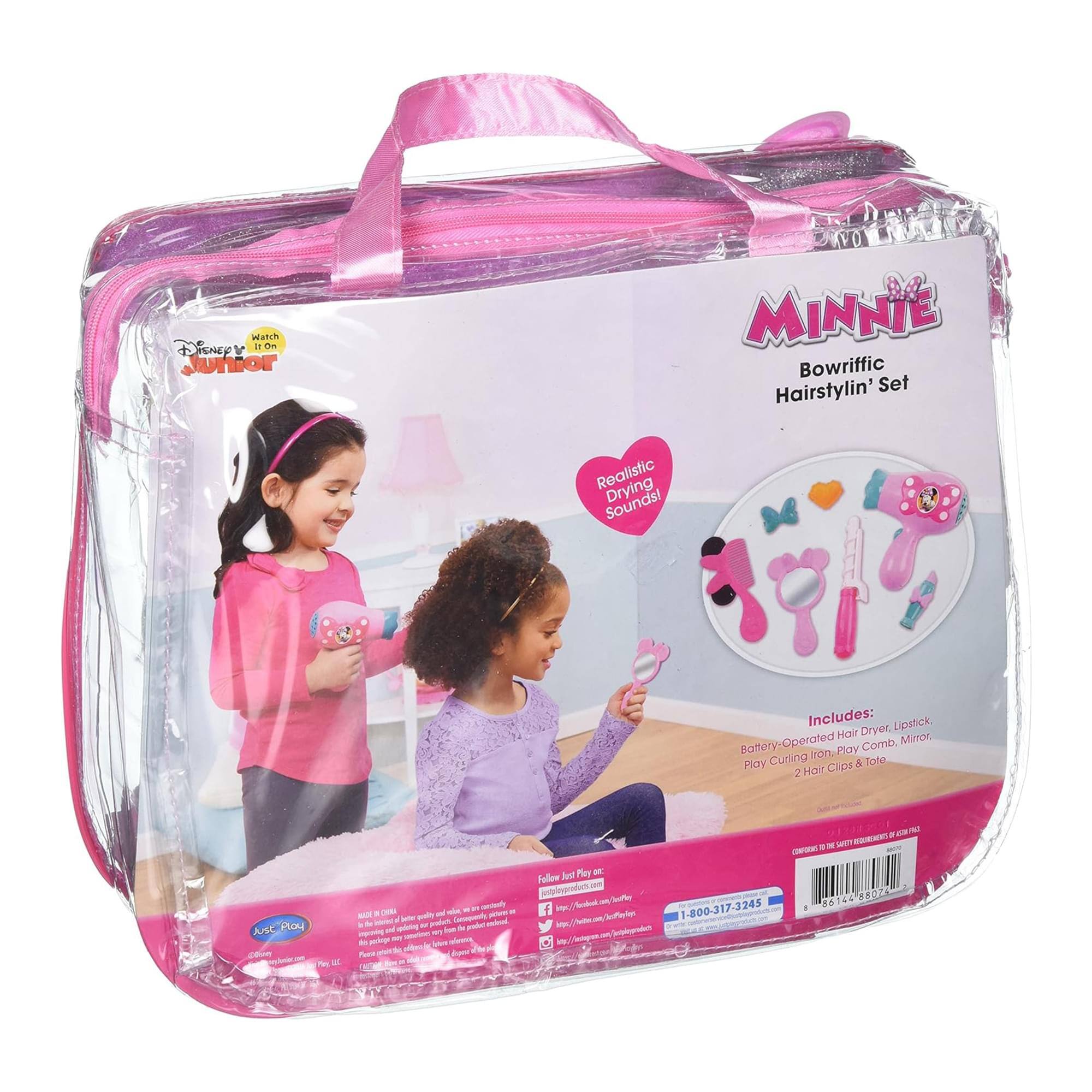 Disney Junior MINNIE Bowriffic Hairstylin' Set Realistic Drying Sounds! Includes: Lipstick, Hair Dryer, Battery-Operated Comb, Play Iron, Play Curling Iron, 2 Hair Clips & Tote. Just Play Toys. For ages 3+. Made in China. Just Play Toys. 1-800-317-3245.