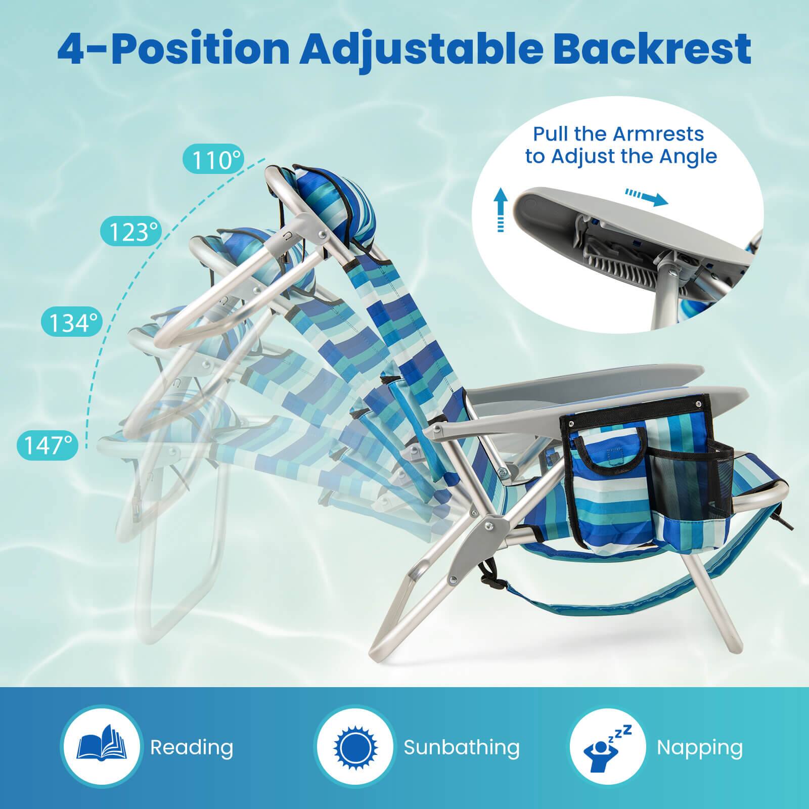 4-Position Adjustable Backrest

110°
123°
134°
147°

Pull the Armrests to Adjust the Angle

Reading
Sunbathing
Napping