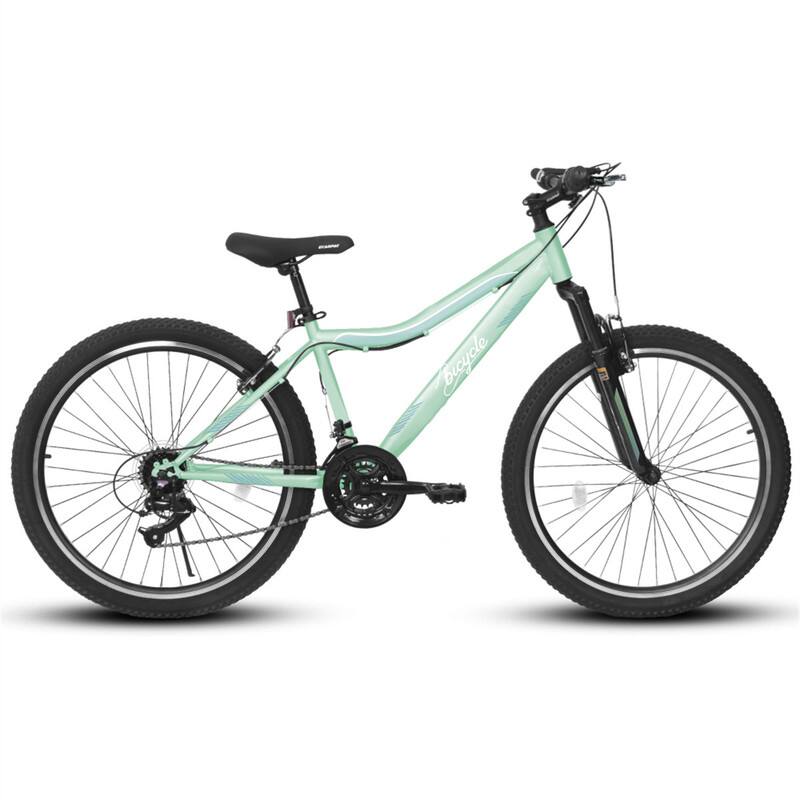 Angle. HTUTWOO - Mountain Bike - 26 Inch High-Density Carbon Steel Frame, 21 Speed, Front Suspension, Dual V-Brakes, 80% Pre-Assembled - Green.