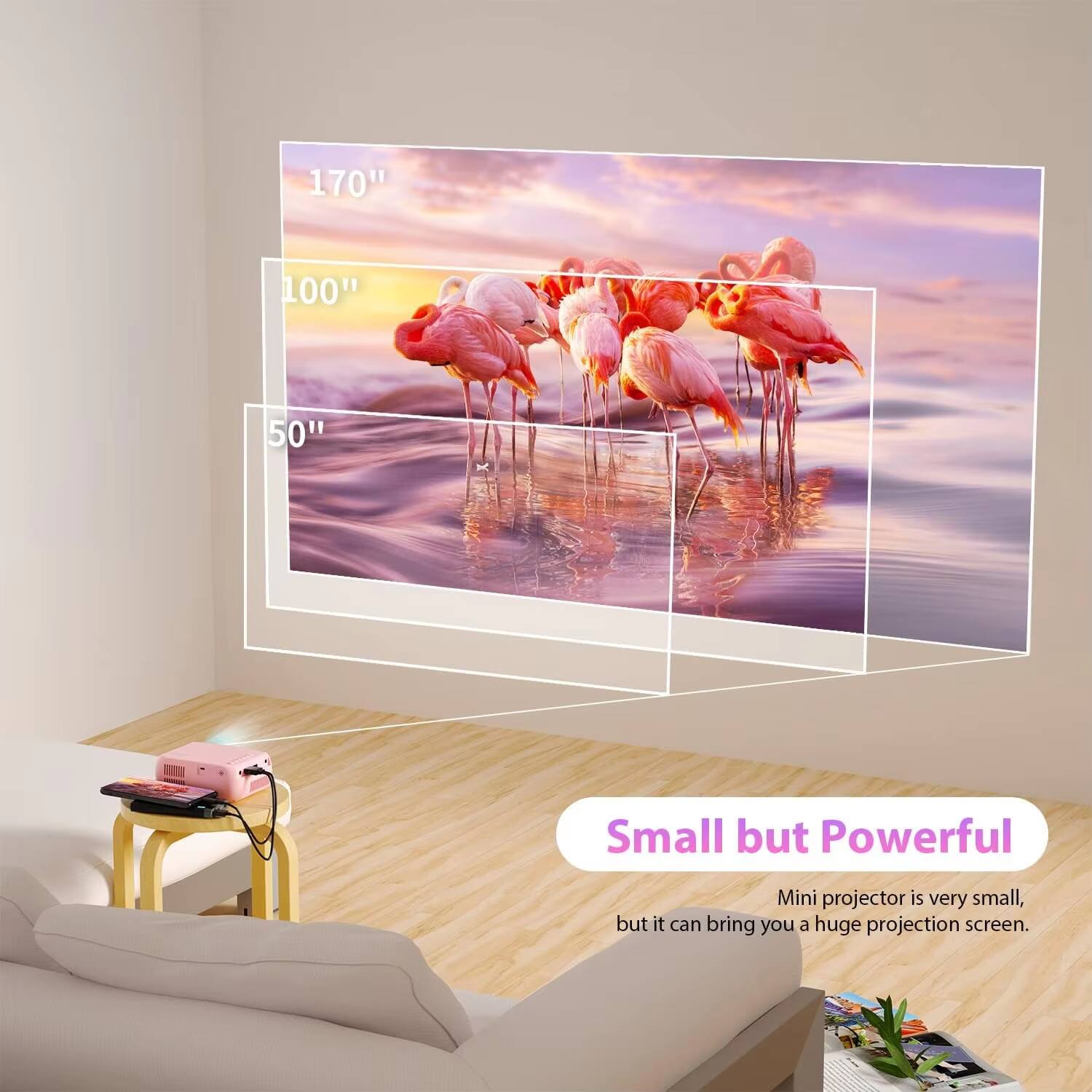 170" 100" 50" Small but Powerful Mini projector is very small, but it can bring you a huge projection screen.