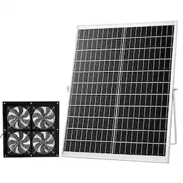 VEVOR - Solar Powered Fan, 25W Solar Panel with 4 Fans, Adjustable Solar Panel Angle, 2668 RPM High-Speed, Flexible Installation - Black
