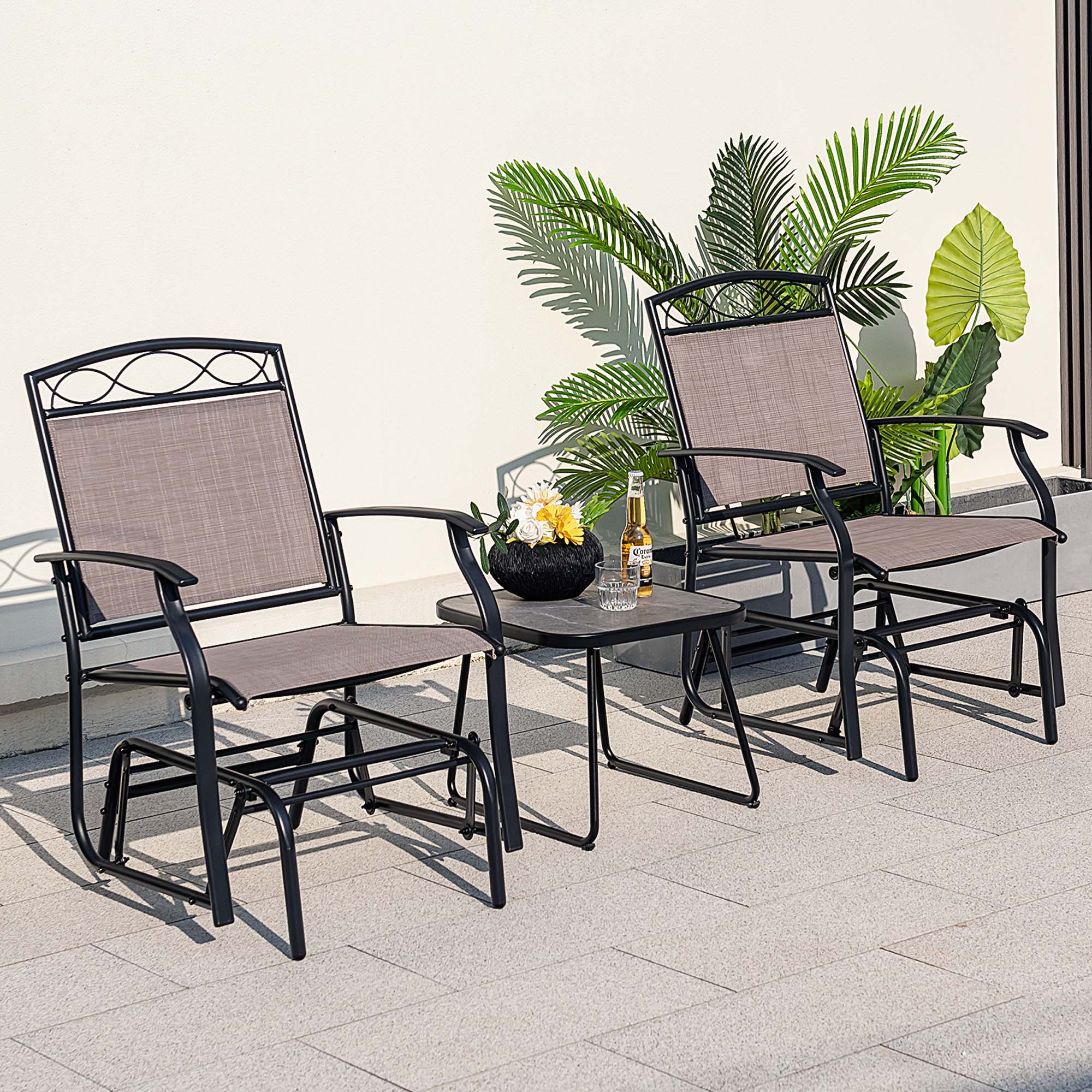 Alt View 1. Costway - Costway 4pcs Patio Glider Set Single Rocking Chair Heavy-Duty Metal Frame Outdoor - Brown.