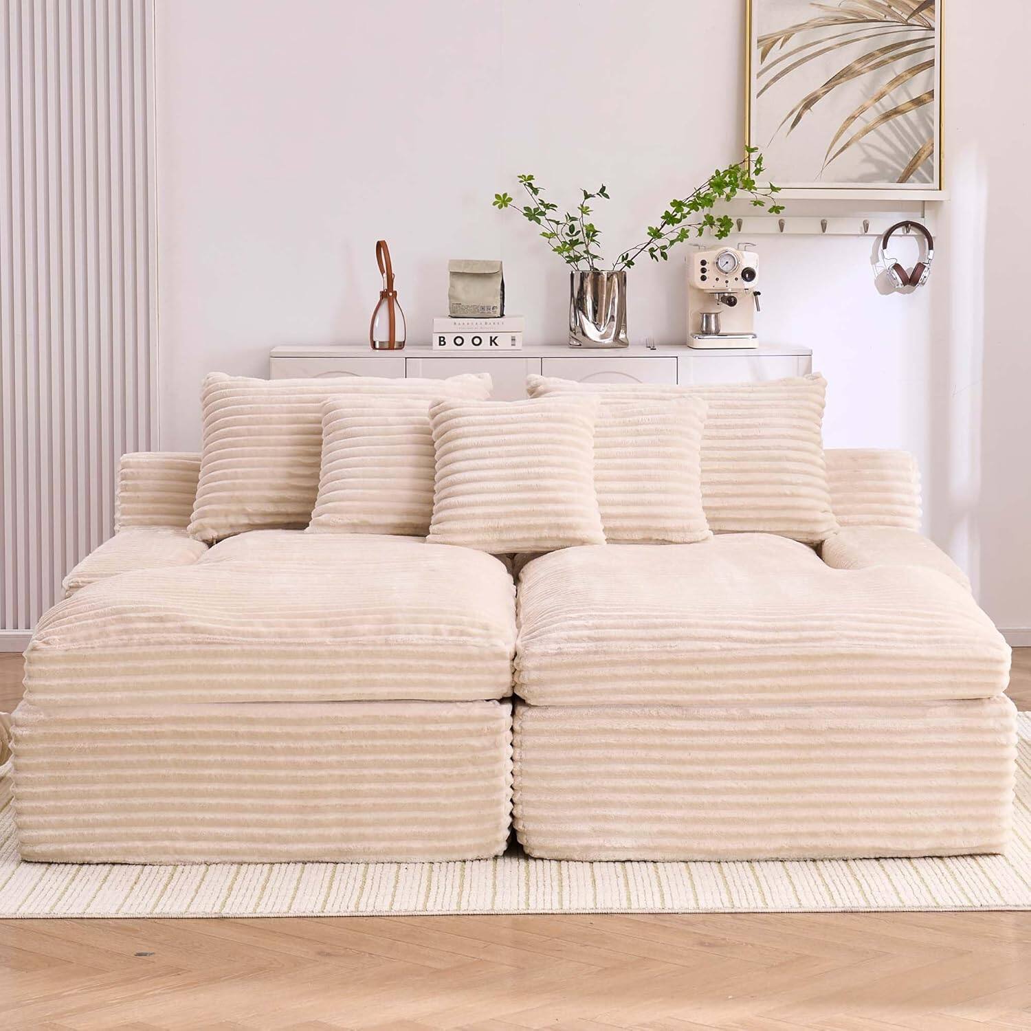 Angle. AENKYO - Oversized Boneless Sofa Bed Double Chaise Lounge Sofa Indoor Loveseat Sleeper,Sectional Floor Chair for Living Room - Beige.