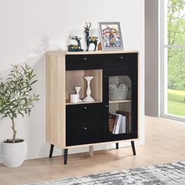 Kings Brand Furniture - Nathan Tall Console Storage Cabinet for Hallway (Black Front Panel) - Natural 104