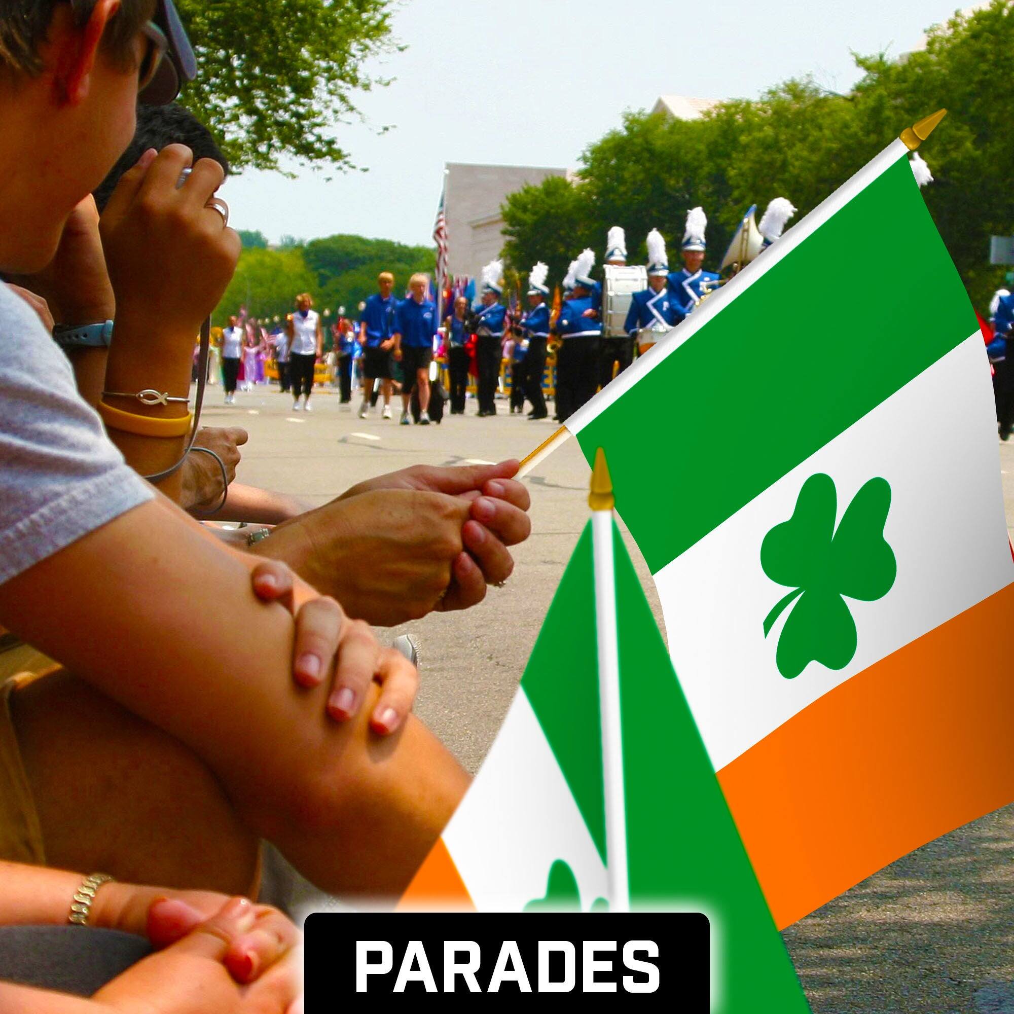 Alt View 1. G128 - 12-Pack Handheld Ireland Shamrock Stick Flags 12x18 in Printed 150D Polyester with Wooden Poles and Gold Tips - Assorted Colors.