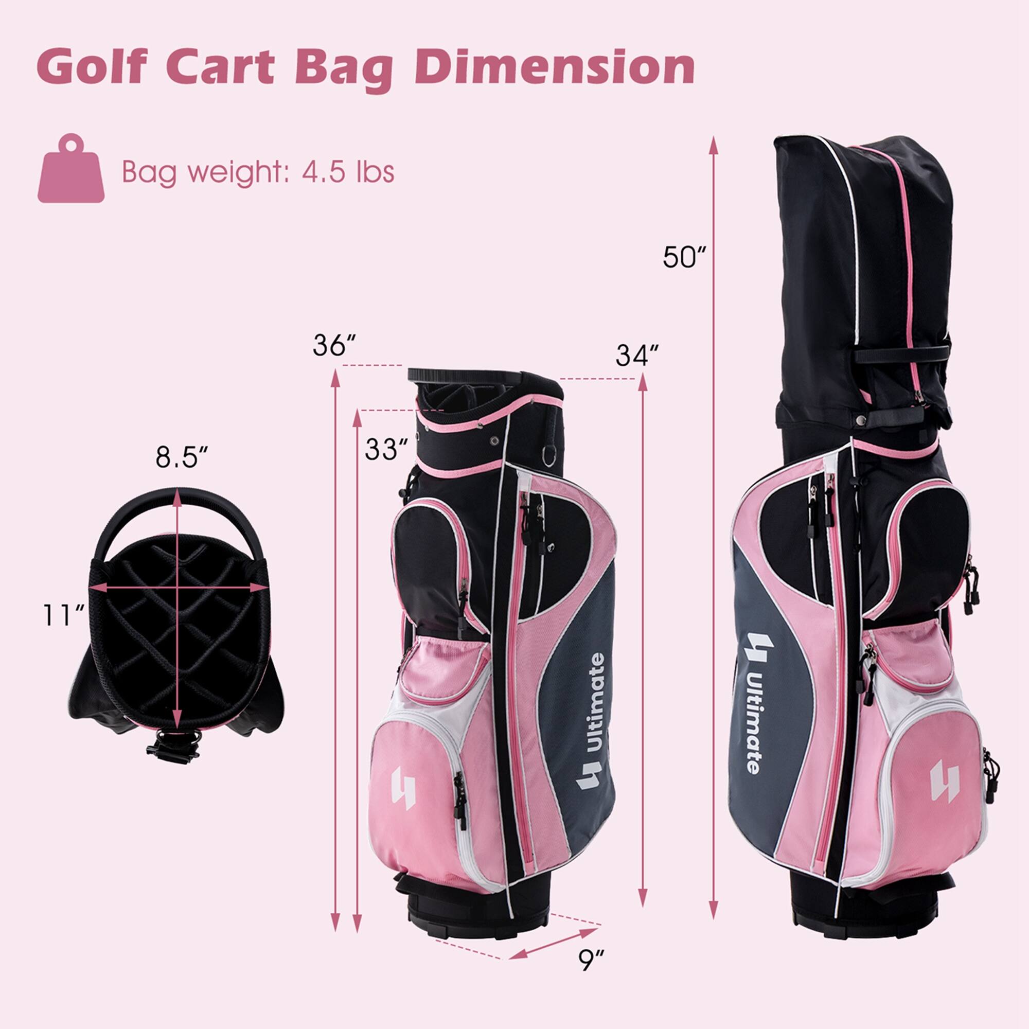 Golf Cart Bag Dimension

Bag weight: 4.5 lbs

- 50"
- 34"
- 36"
- 33"
- 8.5"
- 11"
- 9"