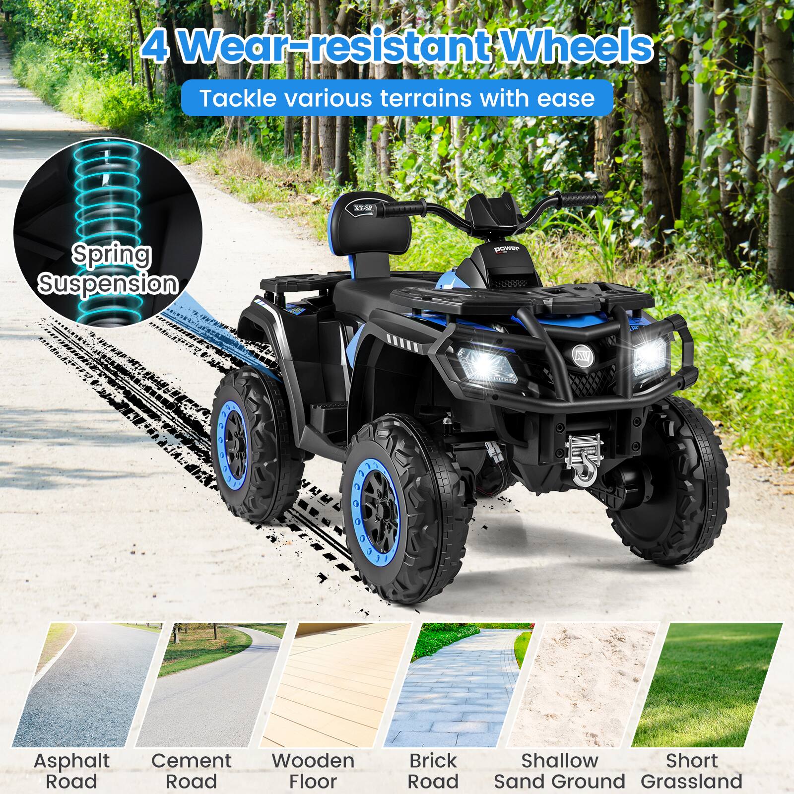 4 Wear-resistant Wheels  
Tackle various terrains with ease  

Spring Suspension  

Asphalt Road  
Cement Road  
Wooden Floor  
Brick Road  
Shallow Sand Ground  
Short Grassland