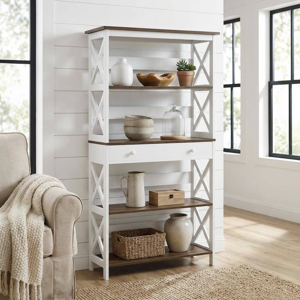Back. FurniFact - Wooden 5-Tier Bookcase with Drawer for Storage and Display - Driftwood.