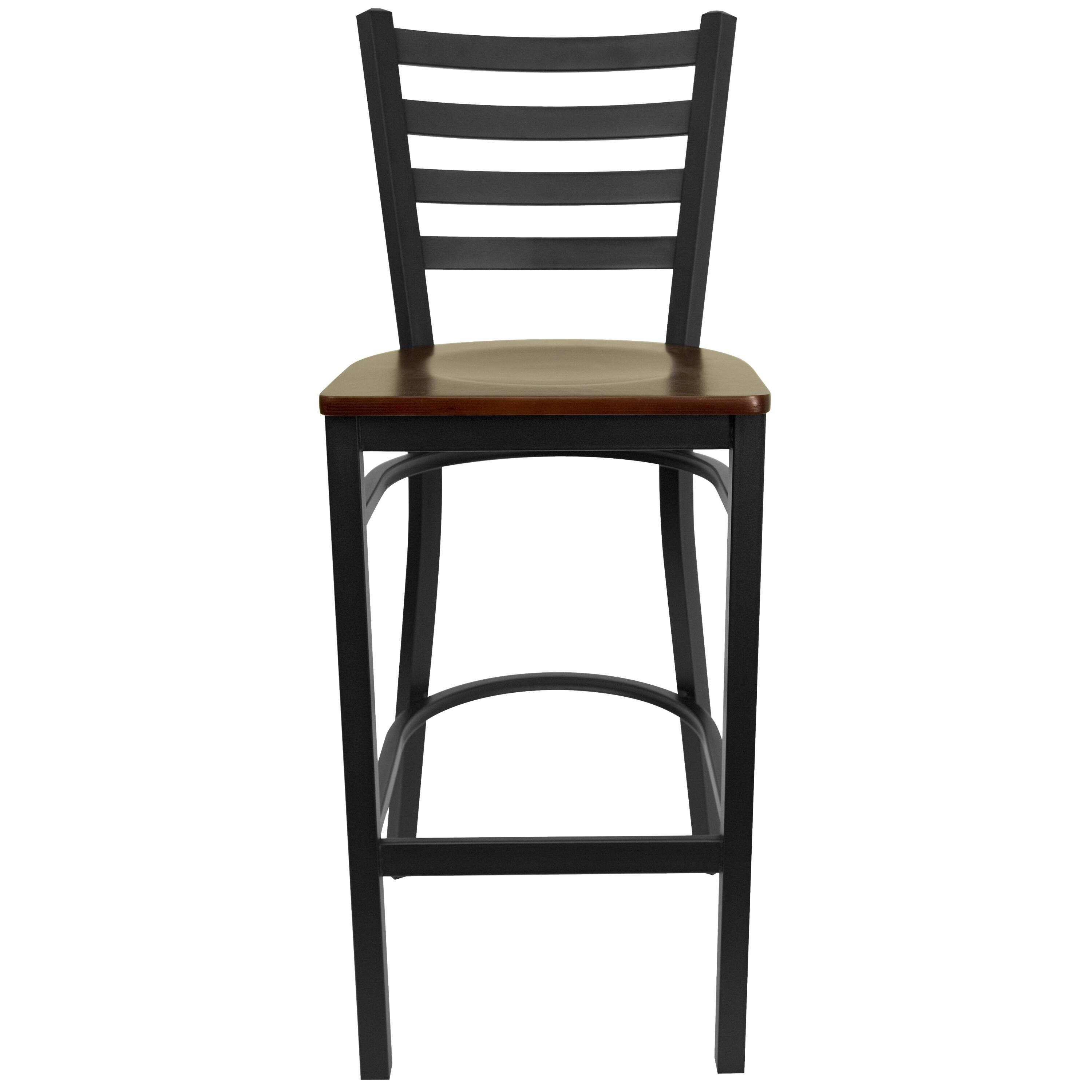 Angle. Flash Furniture - HERCULES Series Black Ladder Back Metal Restaurant Barstool - Mahogany Wood Seat - Brown.