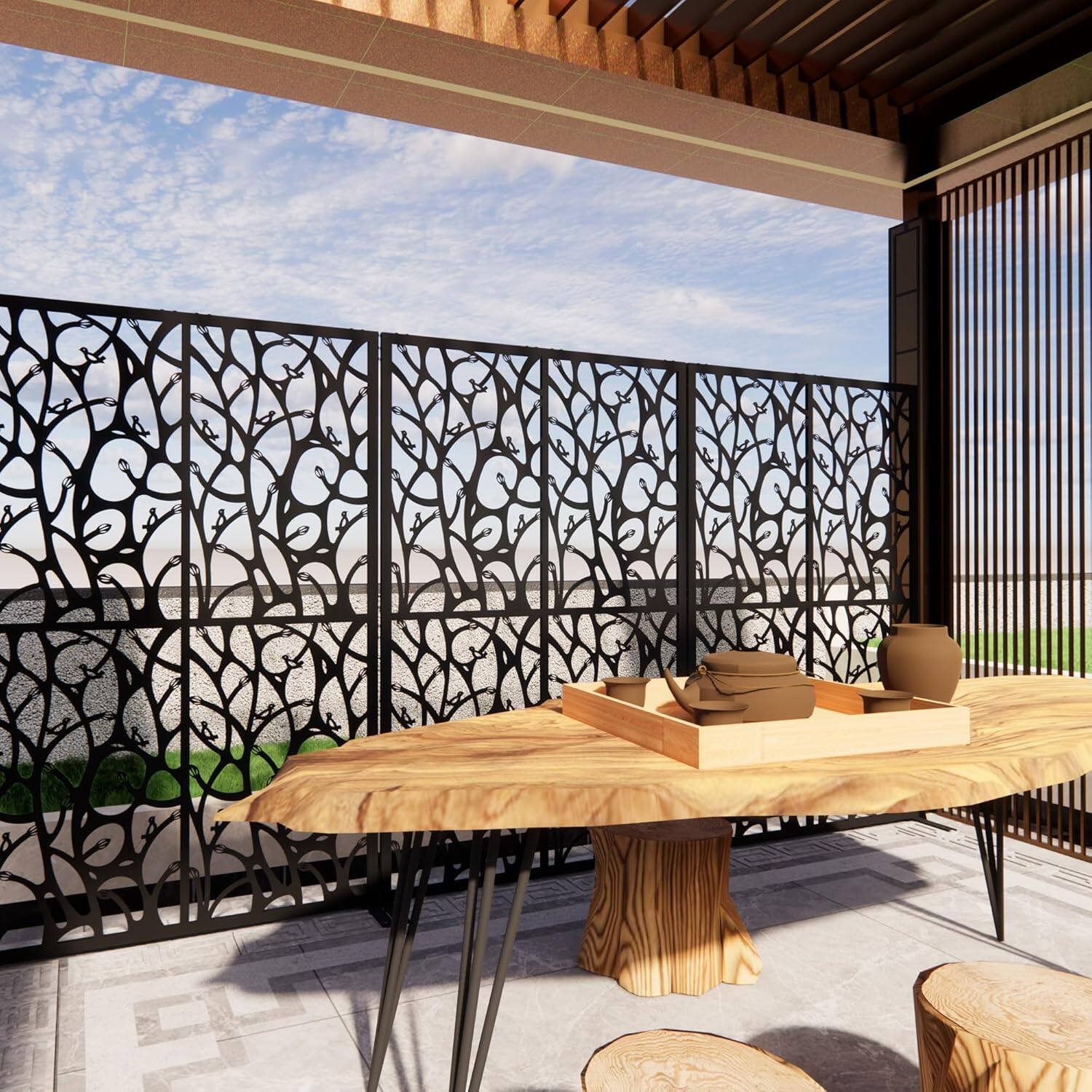 Alt View 2. MOOSOO - Metal Privacy Fence Screen 72x45.3"– Freestanding Decorative Outdoor & Indoor Room Divider Screen with Bird Pattern - Black.