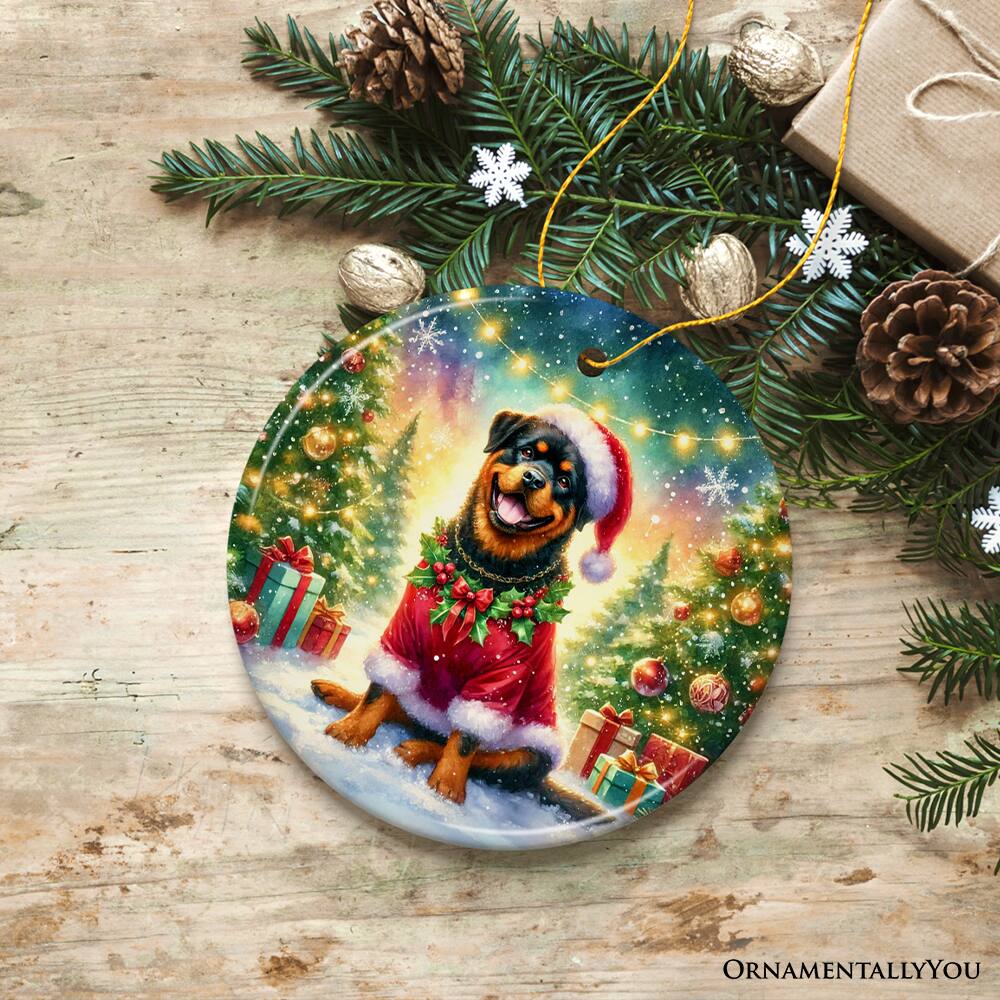 Back. OrnamentallyYou - Charming Rottweiler in Festive Attire Ornament Heartwarming Dog-Themed Christmas Gift Decor Circle - Multi-colored.