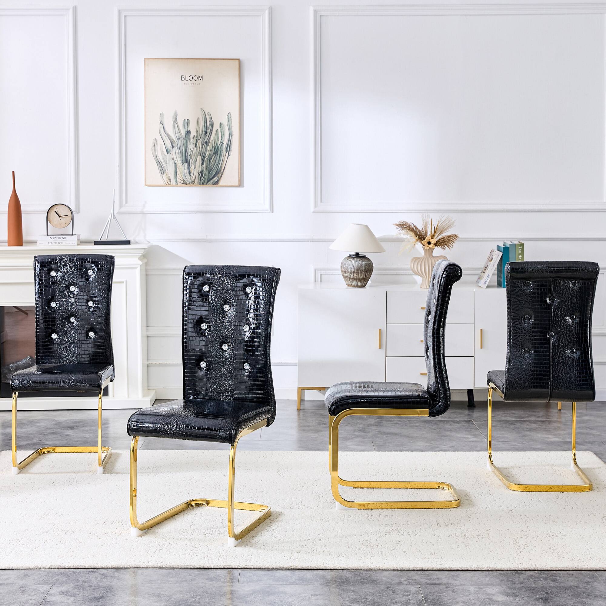 Left. Loheer - Set of 4 Retro Alligator Faux Leather Dining Chairs, Gold Bow Legs, Crystal Buckle, 1.37x1.87x3.3 ft - Black.