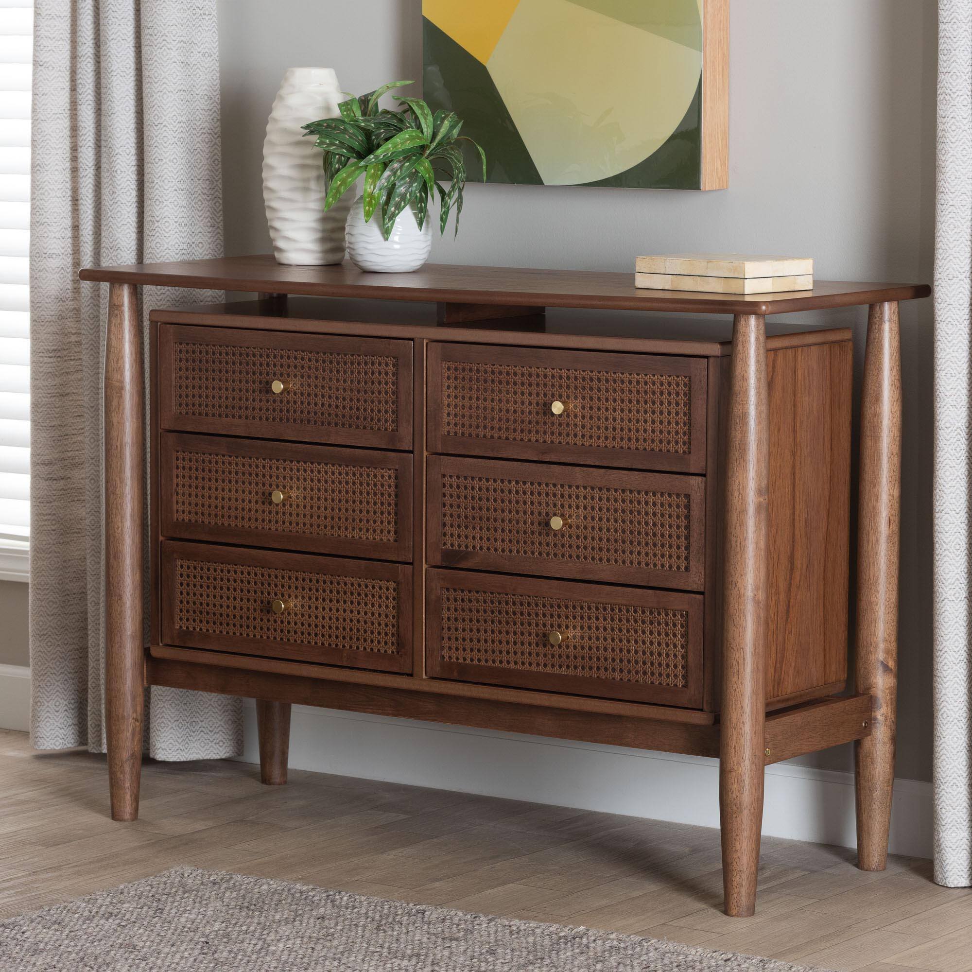 Alt View 4. Baxton Studio - Alyssa Japandi Wood 6-Drawer Dresser - Walnut Brown.