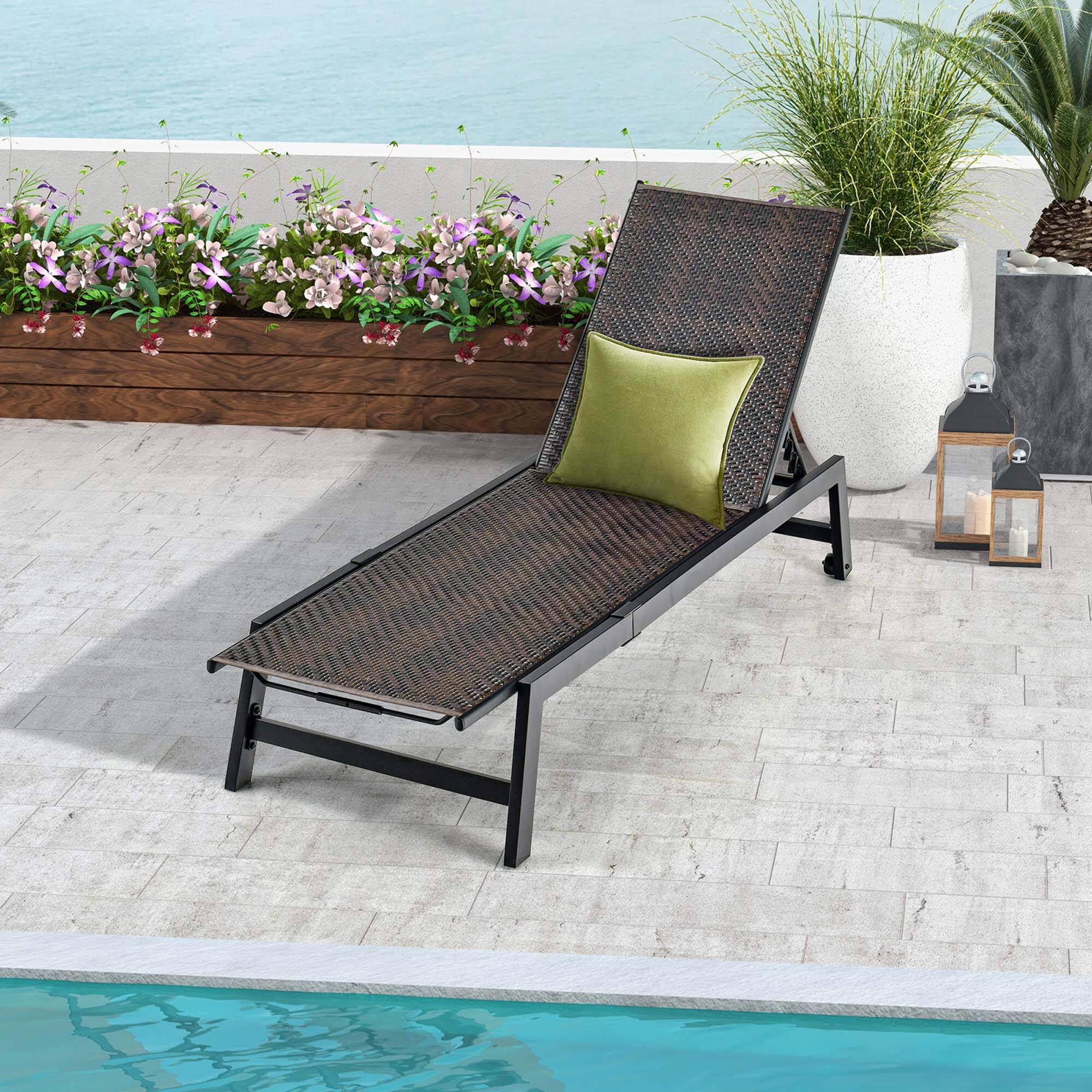 Alt View 1. Costway - Costway 1PC Patio Galvanized Steel Chaise Lounge with Wheels Outdoor PE Rattan Recliner Chair - Mix Brown,Black.