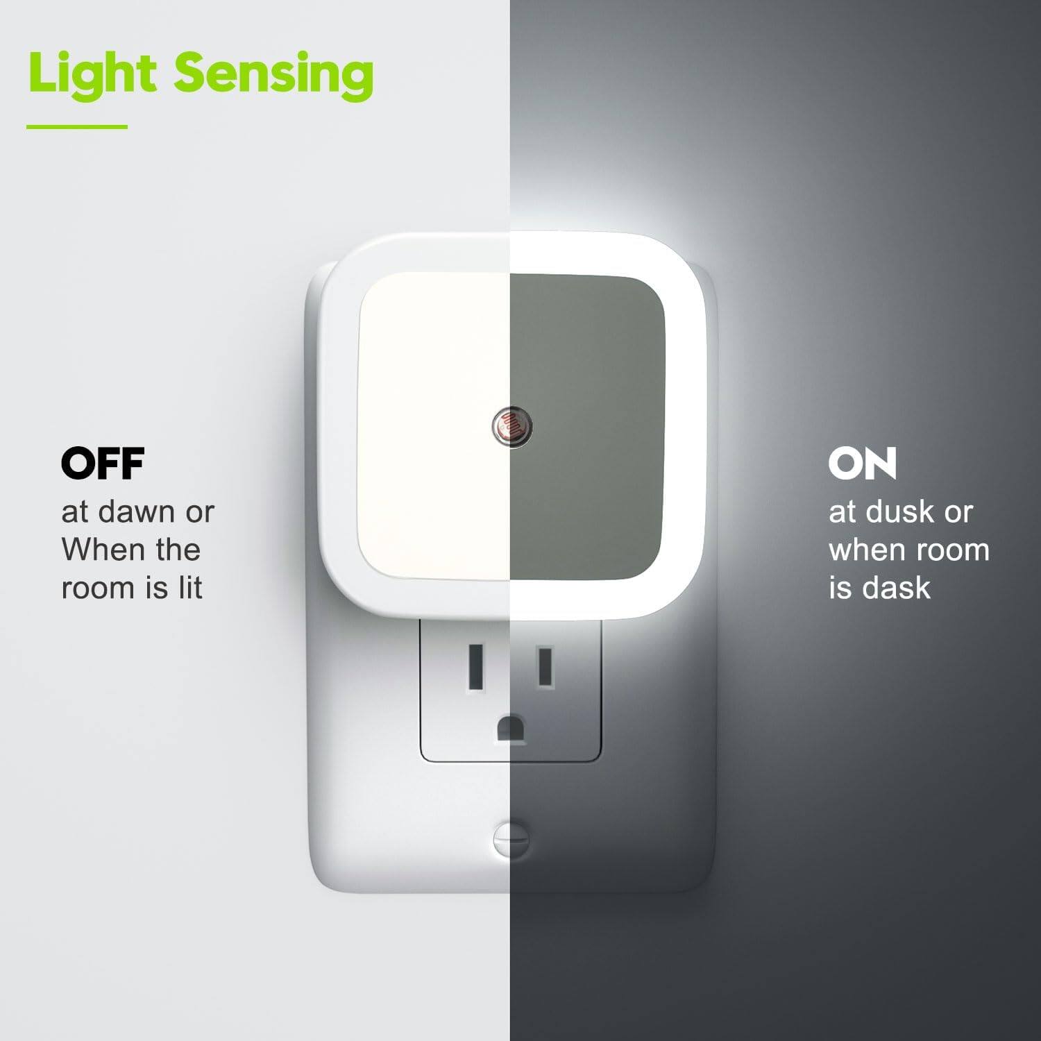 Light Sensing

OFF at dawn or when the room is lit

ON at dusk or when the room is dark