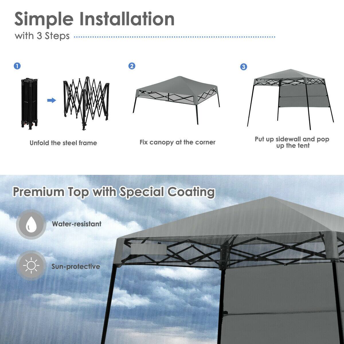 Simple Installation with 3 Steps:
1. Unfold the steel frame
2. Fix canopy at the corner
3. Put up sidewall and pop up the tent

Premium Top with Special Coating:
- Water-resistant
- Sun-protective