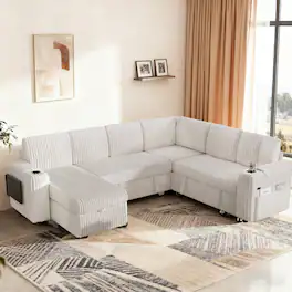 Dyonery - 110" Modular Sectional Sofa with Pull Out Bed,Corduroy Fabric 7 Seat Sectional Sleeper Sofa with Storage,for Living Room - Beige