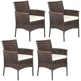 Costway - Patio 4PCS Rattan Arm Dining Chair Cushioned Sofa Furniture - Brown,White