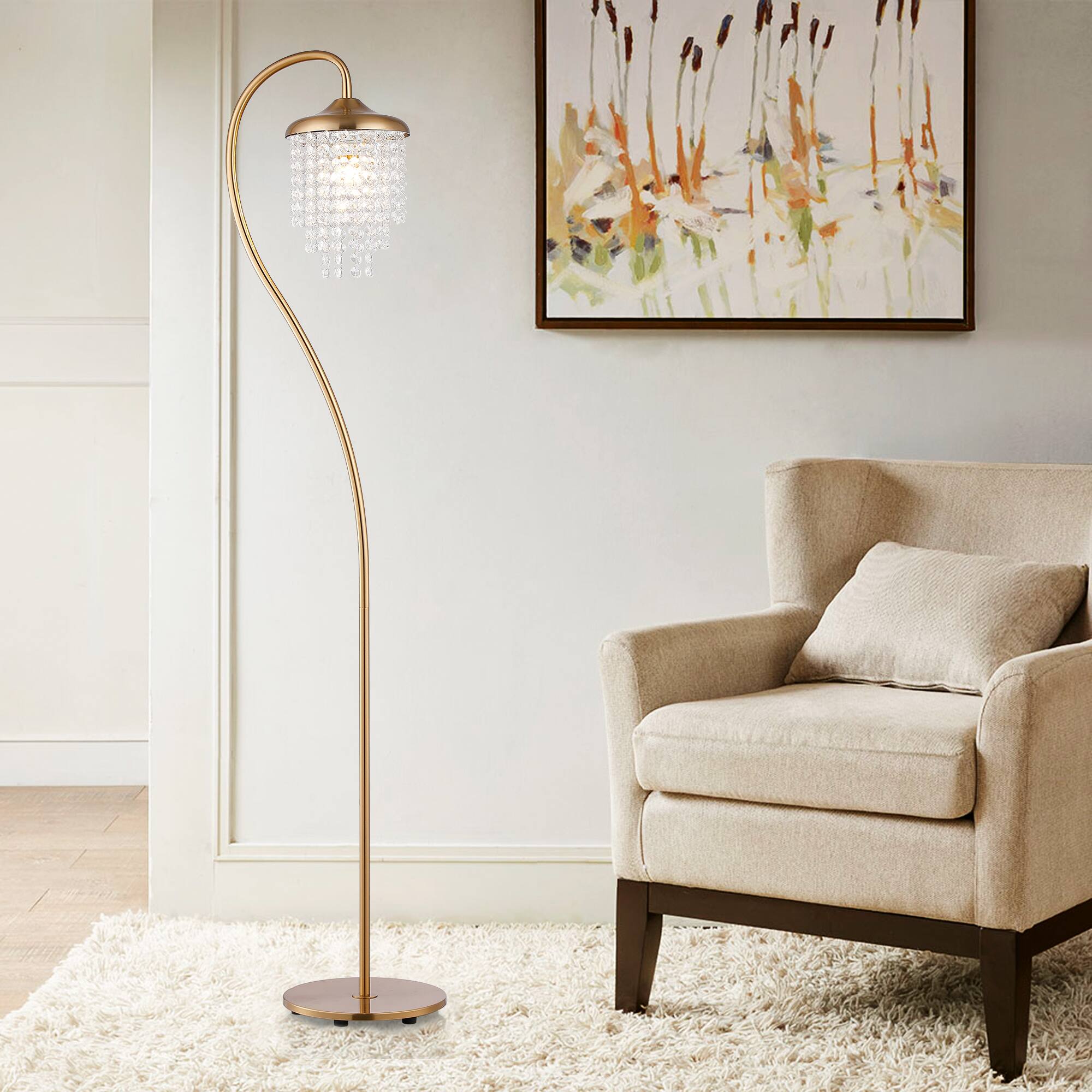 Front. Parrot Uncle - Industrial Floor Lamp with Hanging Glass Lampshade and Foot Switch - Gold.