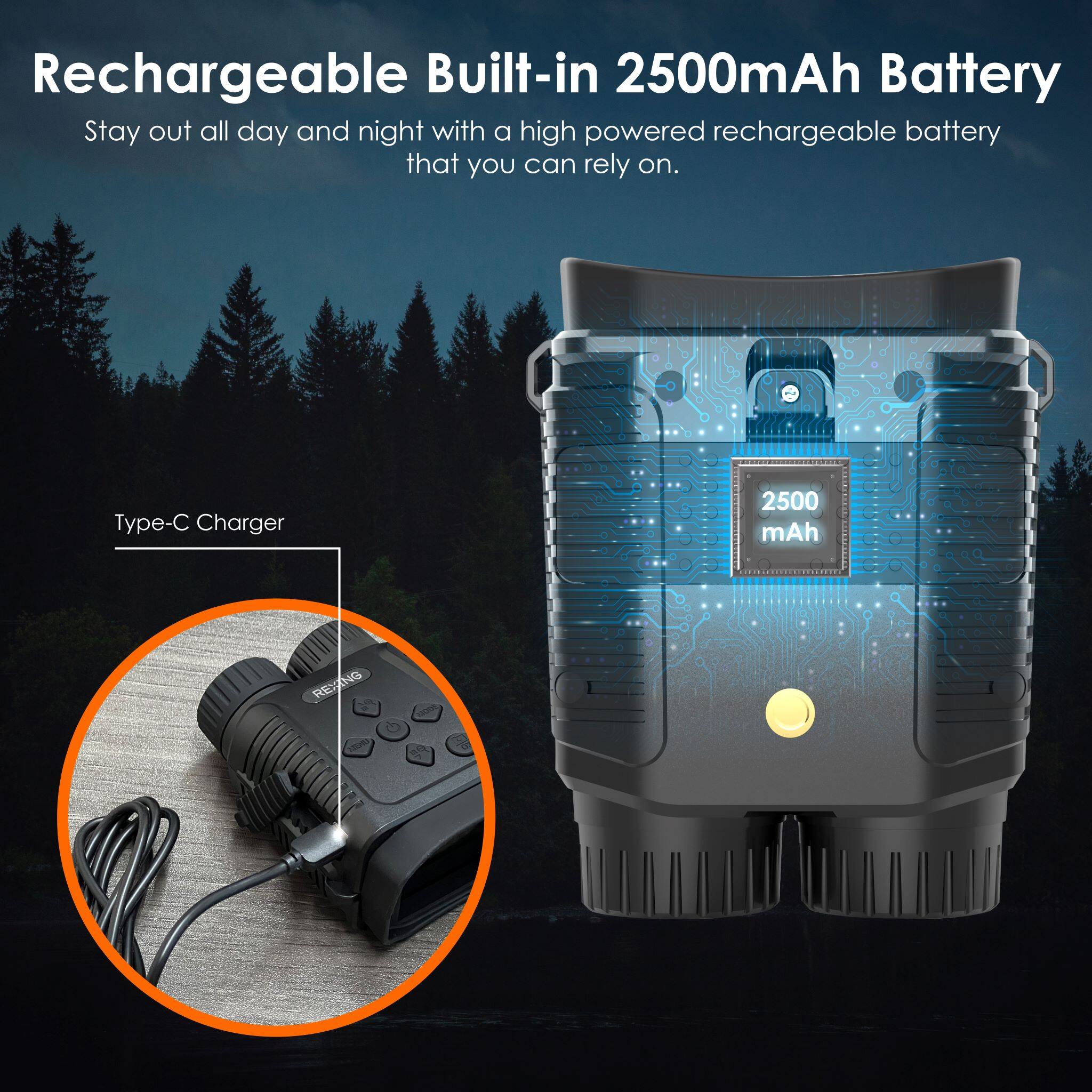 Rechargeable Built-in 2500mAh Battery

Stay out all day and night with a high powered rechargeable battery that you can rely on.

Type-C Charger

2500 mAh