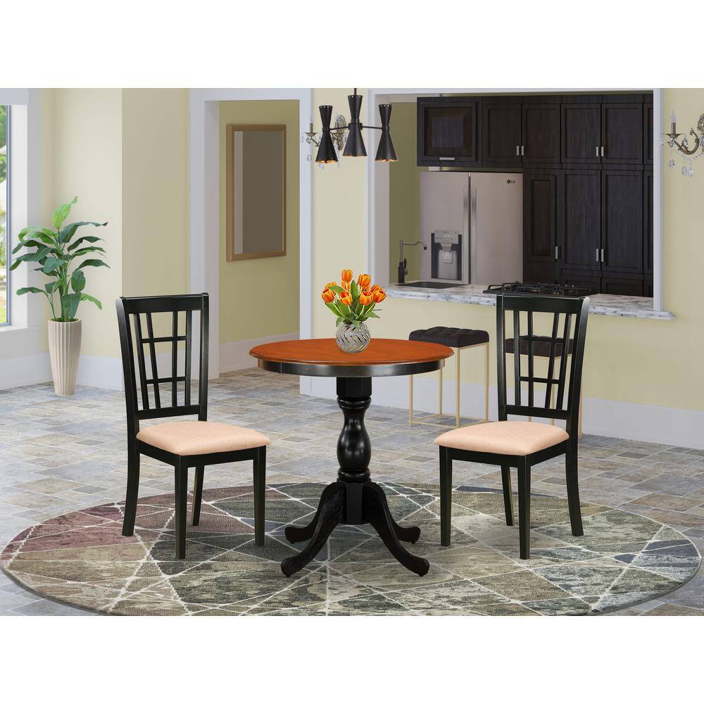 Alt View 2. East West Furniture - 3 Pc Dining Room Table Set, Round Dining Table with Pedestal, 2 Linen Fabric Upholstered Chairs - Black & Cherry.