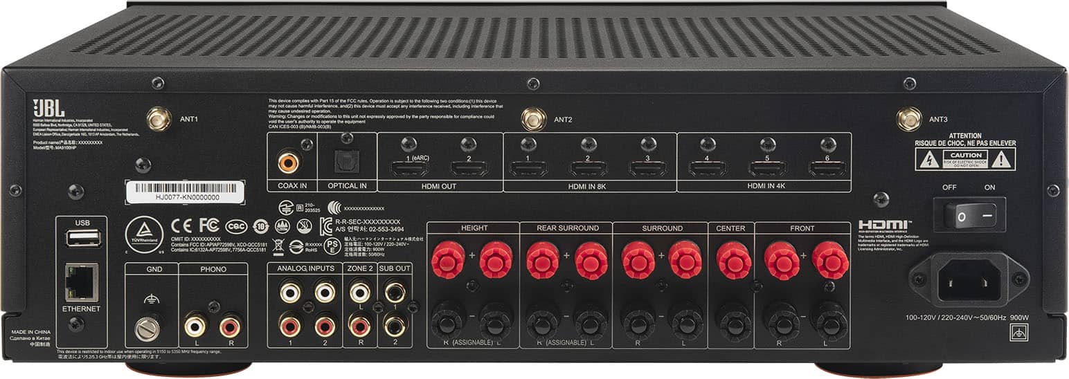 The image features a black electronic device with a row of red knobs on the front. The device appears to be a stereo system or an audio amplifier, as it has multiple audio inputs and outputs. The front panel of the device displays a variety of knobs, which may be used to adjust the volume, balance, or other settings. The device is designed to work with different audio formats, including 4K and 8K surround sound. The image also includes a warning to not remove the device from its packaging, as it may pose a risk to the user.