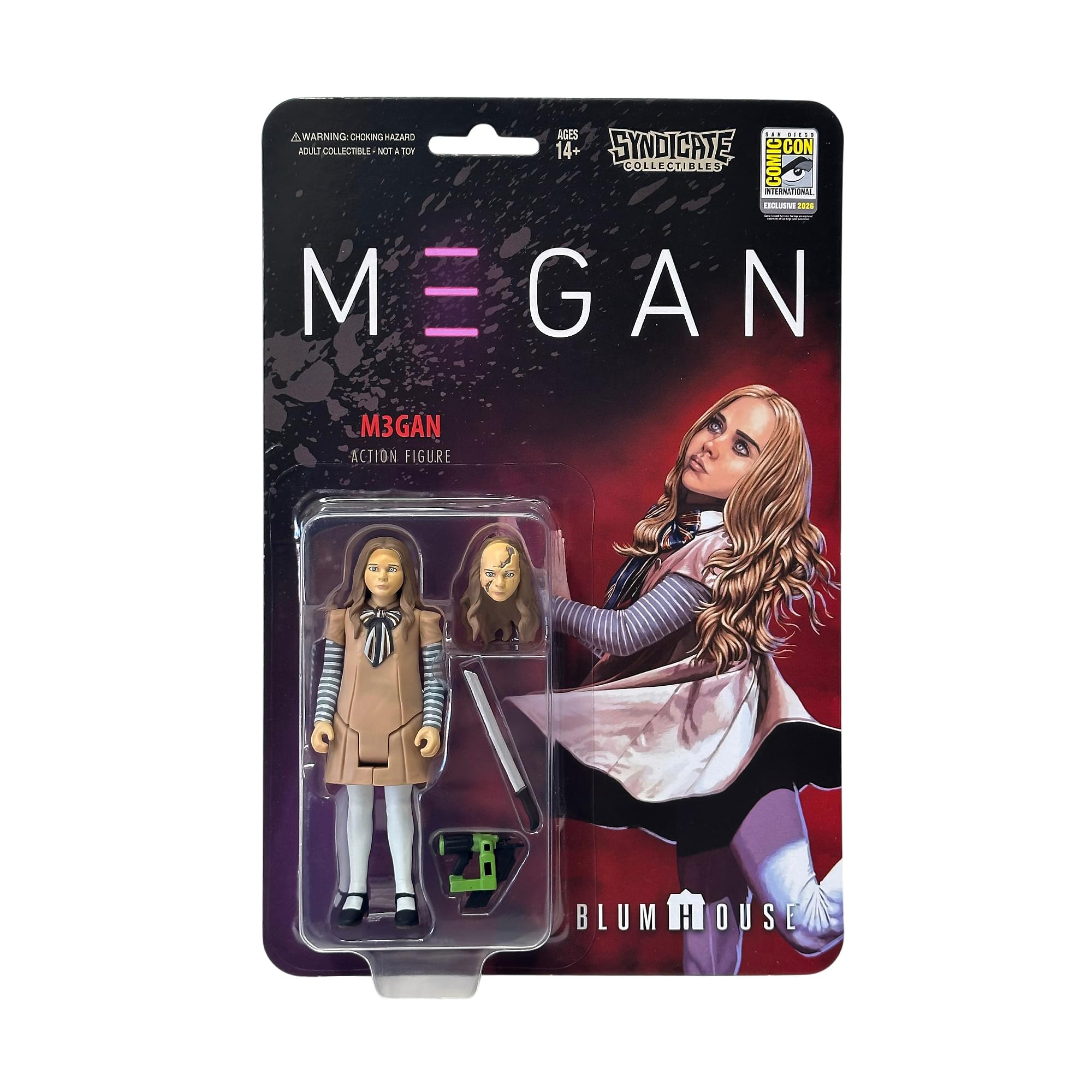 A WARNING: CHOKING HAZARD AGES 14+ ADULT COLLECTIBLE NOT A TOY SYNDICATE COMIC CON COLLECTIBLES INTERNATIONAL EXCLUSIVE 0000 MEGAN M3GAN ACTION FIGURE BLUM HOUSE