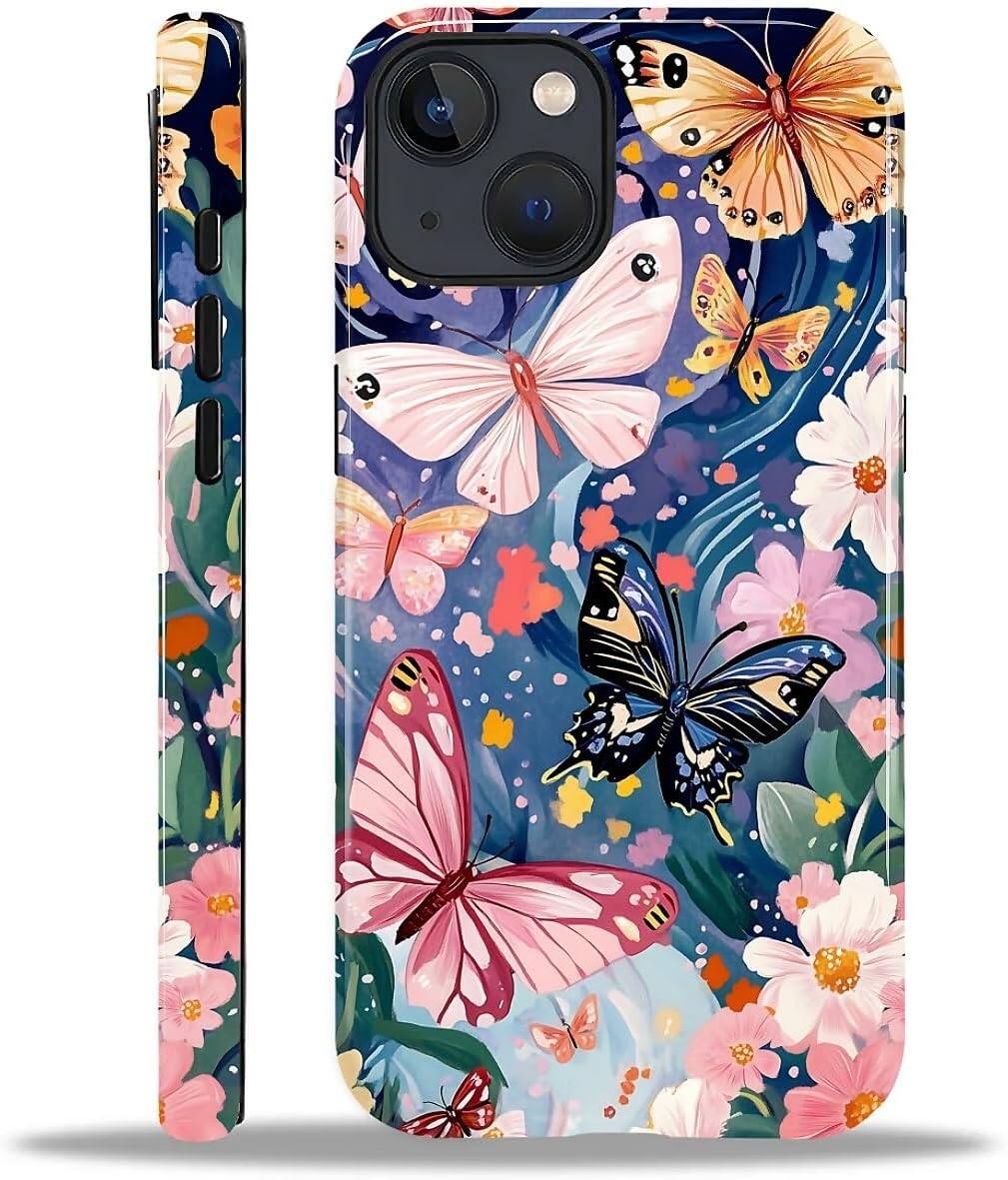 BUBM - Smartphone Case for iPhone 14 Plus - 2-Layer Durable Smartphone Protection Case - Butterflies Flowers Garden