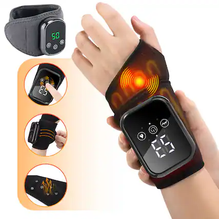 Front. PRIMEPLUS - Heated & Vibrating Wrist Support Brace with 3 Heat Levels (48°C/53°C/58°C), 3 Vibration Modes, 15-Min Auto Shutoff - Black.