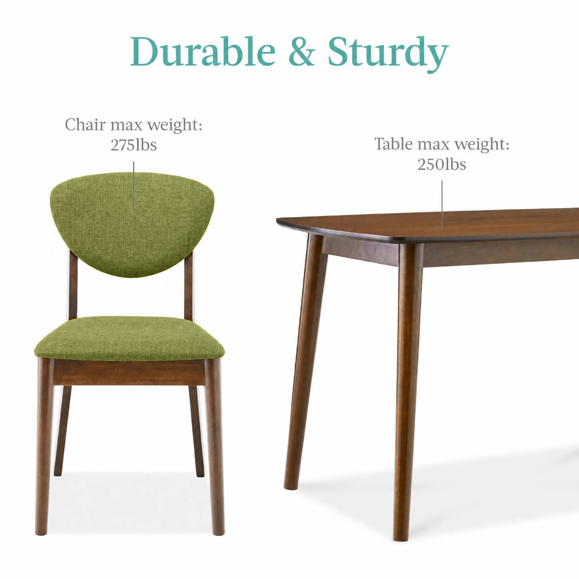 Durable & Sturdy

Chair max weight: 275lbs

Table max weight: 250lbs