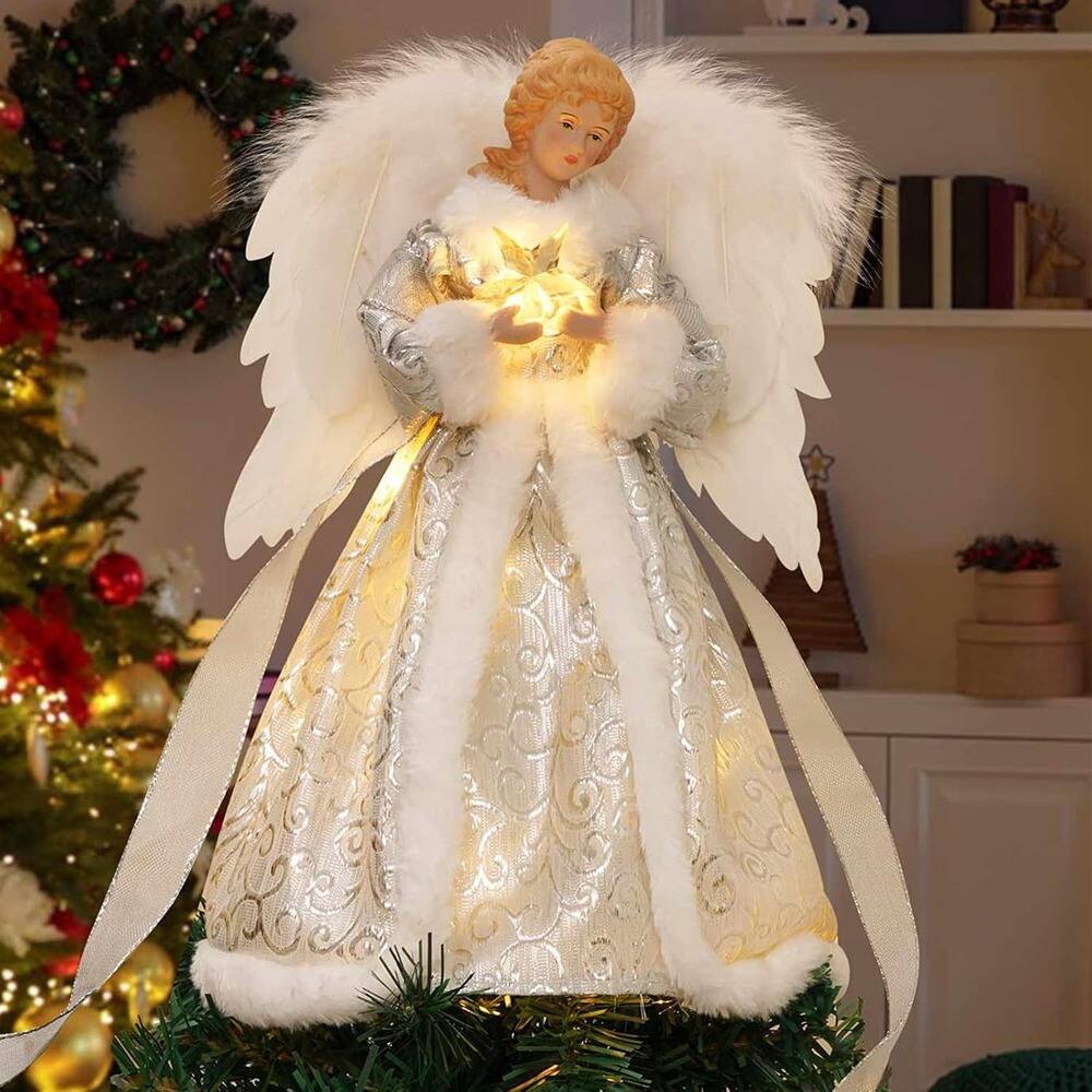 Front. Schertz - Lighted Angel Christmas Tree Topper with Timer – 8 Modes, Battery Operated - Silver Skirt With 1 Star.